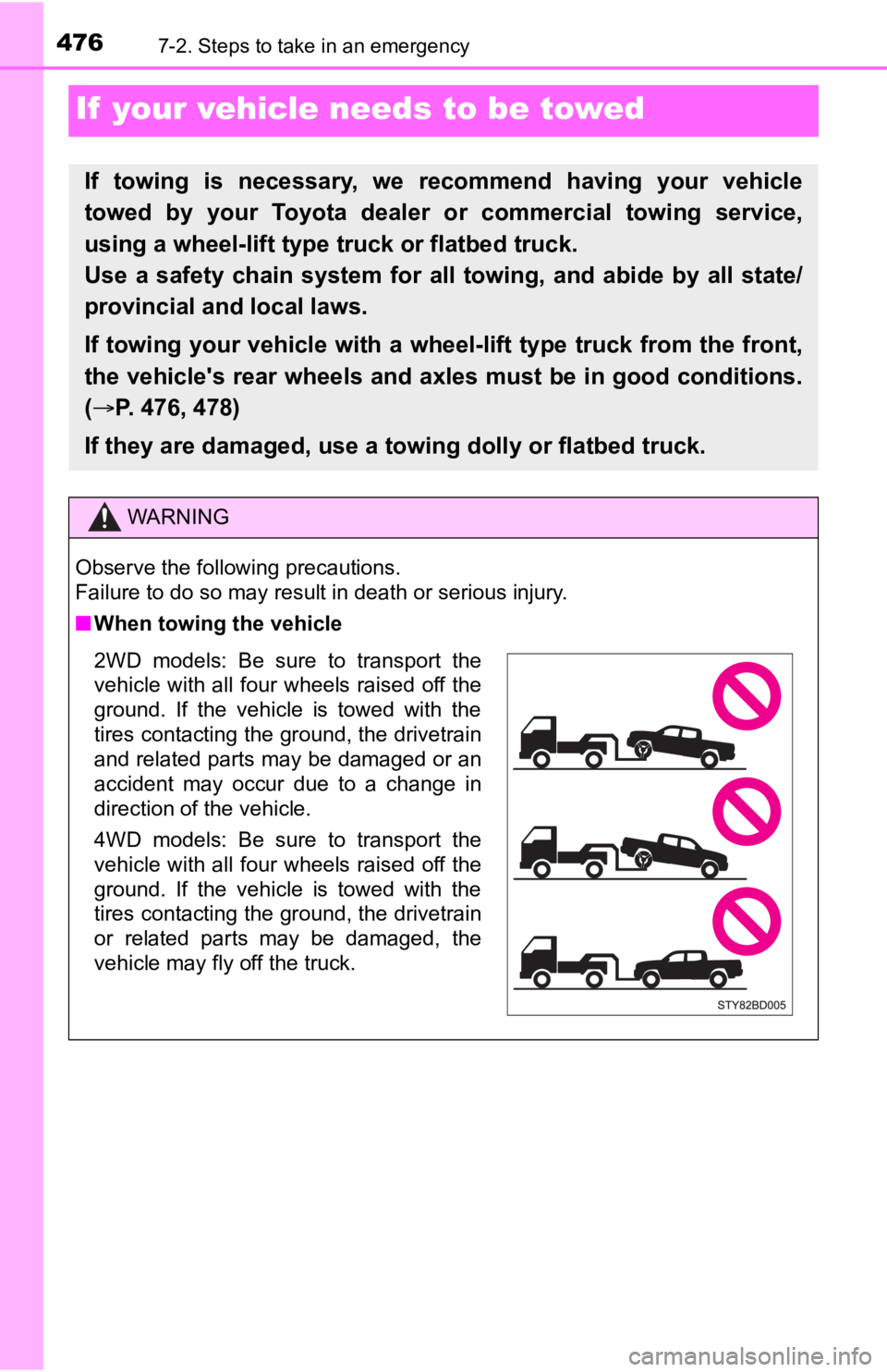 TOYOTA TUNDRA 2023  Owners Manual 4767-2. Steps to take in an emergency
If  your vehicle needs to be towed
If  towing  is  necessary,  we  recommend  having  your  vehicle
towed  by  your  Toyota  dealer  or  commercial  towing  servi