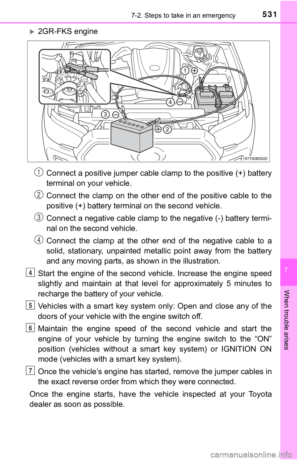 TOYOTA TUNDRA 2023  Owners Manual 5317-2. Steps to take in an emergency
7
When trouble arises
2GR-FKS engineConnect a positive jumper cable clamp to the positive (+) batte ry
terminal on your vehicle.
Connect  the  clamp  on  the  
