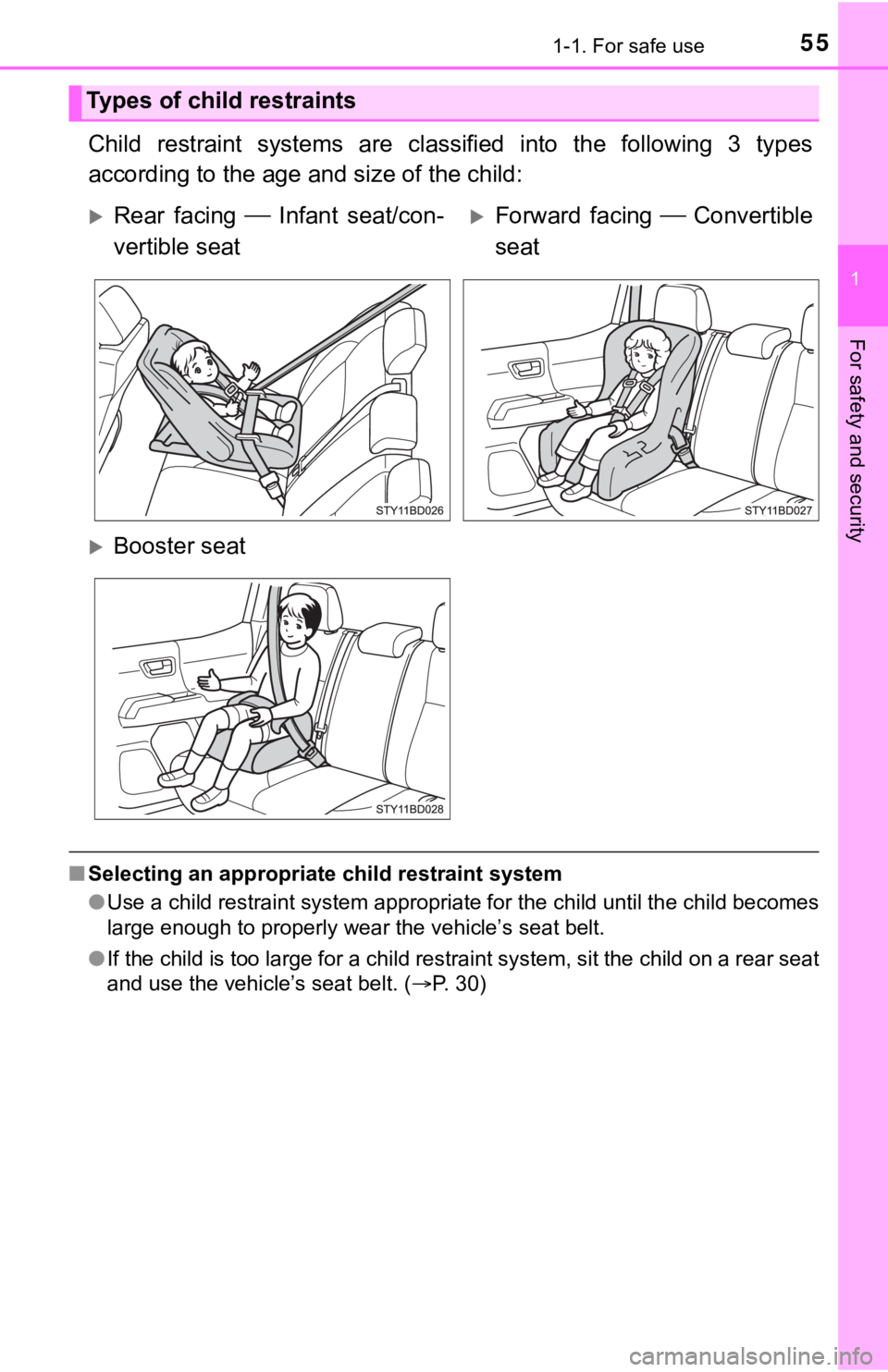 TOYOTA TUNDRA 2023  Owners Manual 551-1. For safe use
1
For safety and security
Child  restraint  systems  are  classified  into  the  following  3  types
according to the age a nd size of the child:
■Selecting an appropriate child 