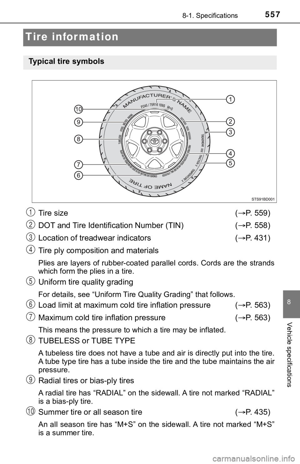 TOYOTA TUNDRA 2023  Owners Manual 5578-1. Specifications
8
Vehicle specifications
Tire information
Tire size ( P. 559)
DOT and Tire Identification Number (TIN) ( P. 558)
Location of treadwear indicators ( P. 431)
Tire ply com