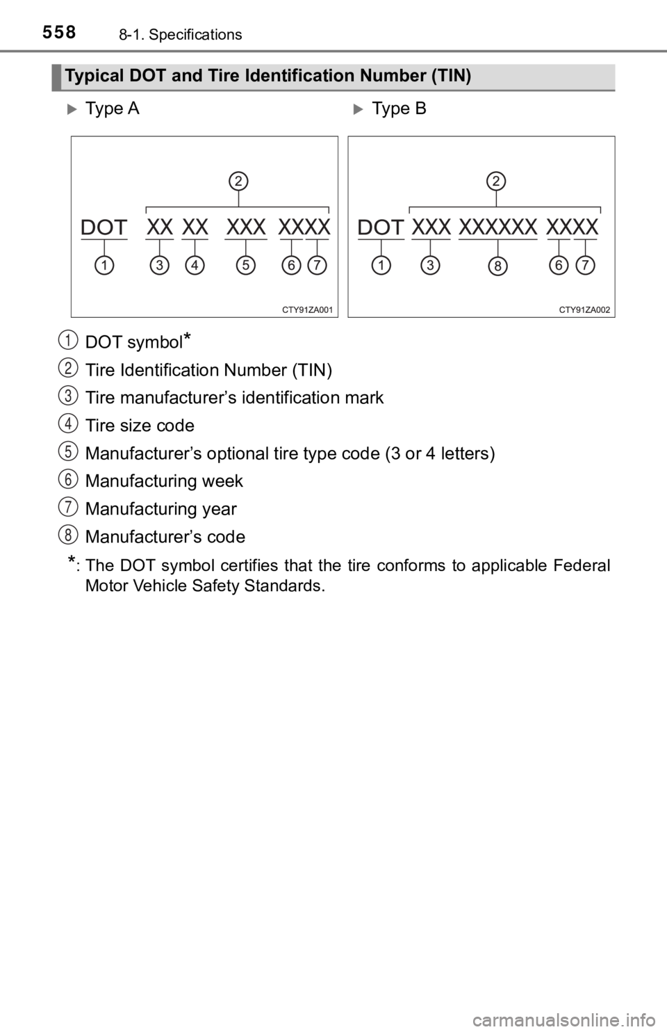 TOYOTA TUNDRA 2023  Owners Manual 5588-1. Specifications
DOT symbol*
Tire Identification Number (TIN)
Tire manufacturer’s identification mark
Tire size code
Manufacturer’s optional tire type code (3 or 4 letters)
Manufacturing wee