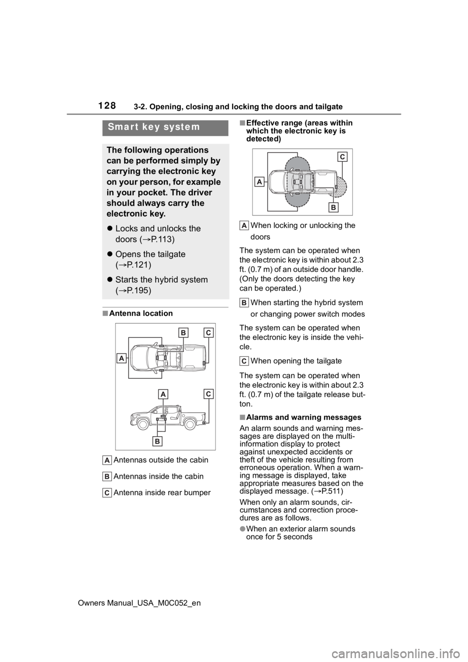 TOYOTA TUNDRA HYBRID 2023  Owners Manual 1283-2. Opening, closing and locking the doors and tailgate
Owners Manual_USA_M0C052_en
■Antenna location
Antennas outside the cabin
Antennas inside the cabin
Antenna inside rear bumper
■Effective