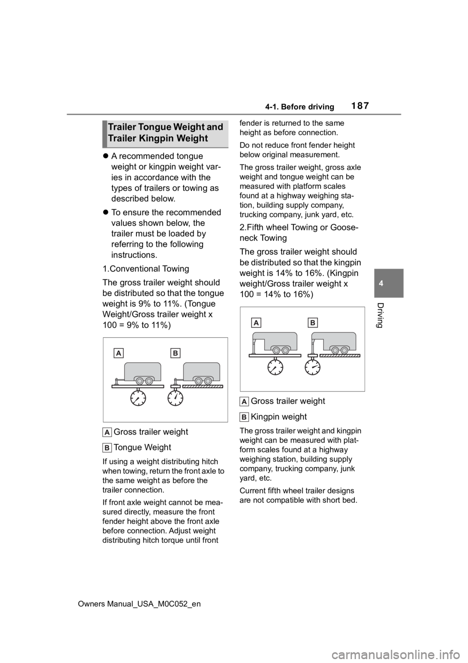 TOYOTA TUNDRA HYBRID 2023  Owners Manual 1874-1. Before driving
Owners Manual_USA_M0C052_en
4
Driving
 A recommended tongue 
weight or kingpin weight var-
ies in accordance with the 
types of trailers or towing as 
described below.
 To
