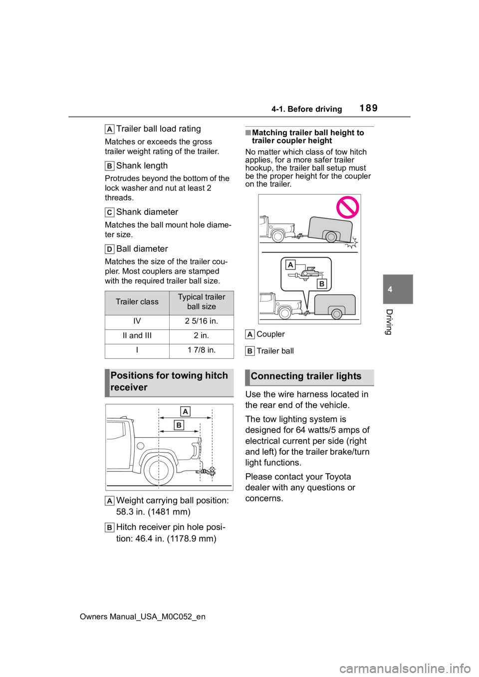 TOYOTA TUNDRA HYBRID 2023  Owners Manual 1894-1. Before driving
Owners Manual_USA_M0C052_en
4
Driving
Trailer ball load rating
Matches or exceeds the gross 
trailer weight rat ing of the trailer.
Shank length
Protrudes beyond the bottom of t