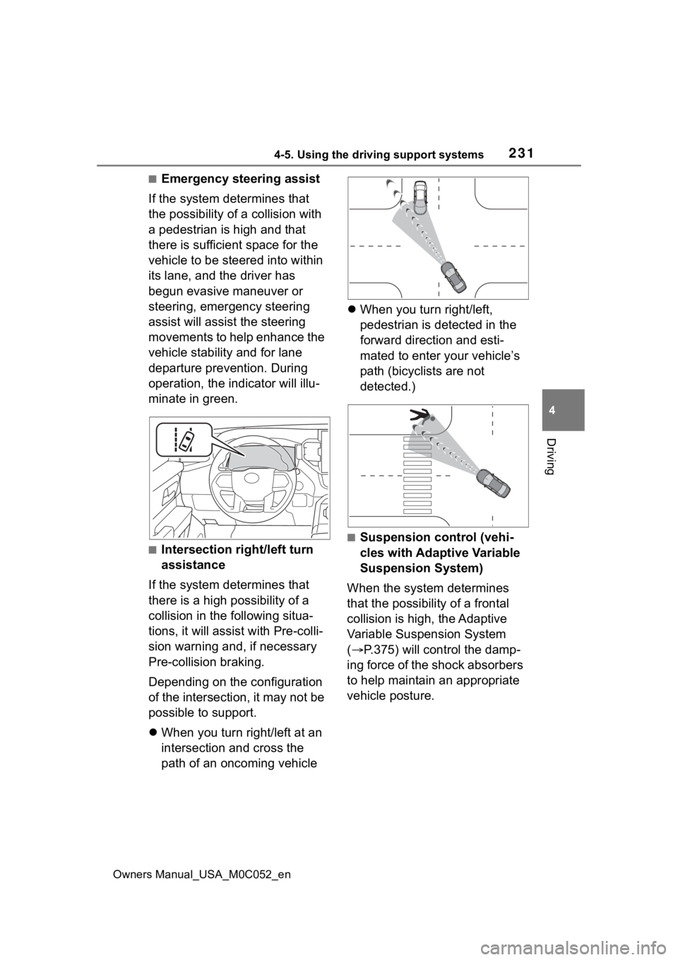 TOYOTA TUNDRA HYBRID 2023  Owners Manual 2314-5. Using the driving support systems
Owners Manual_USA_M0C052_en
4
Driving
■Emergency steering assist
If the system determines that 
the possibility of a collision with 
a pedestrian is high an