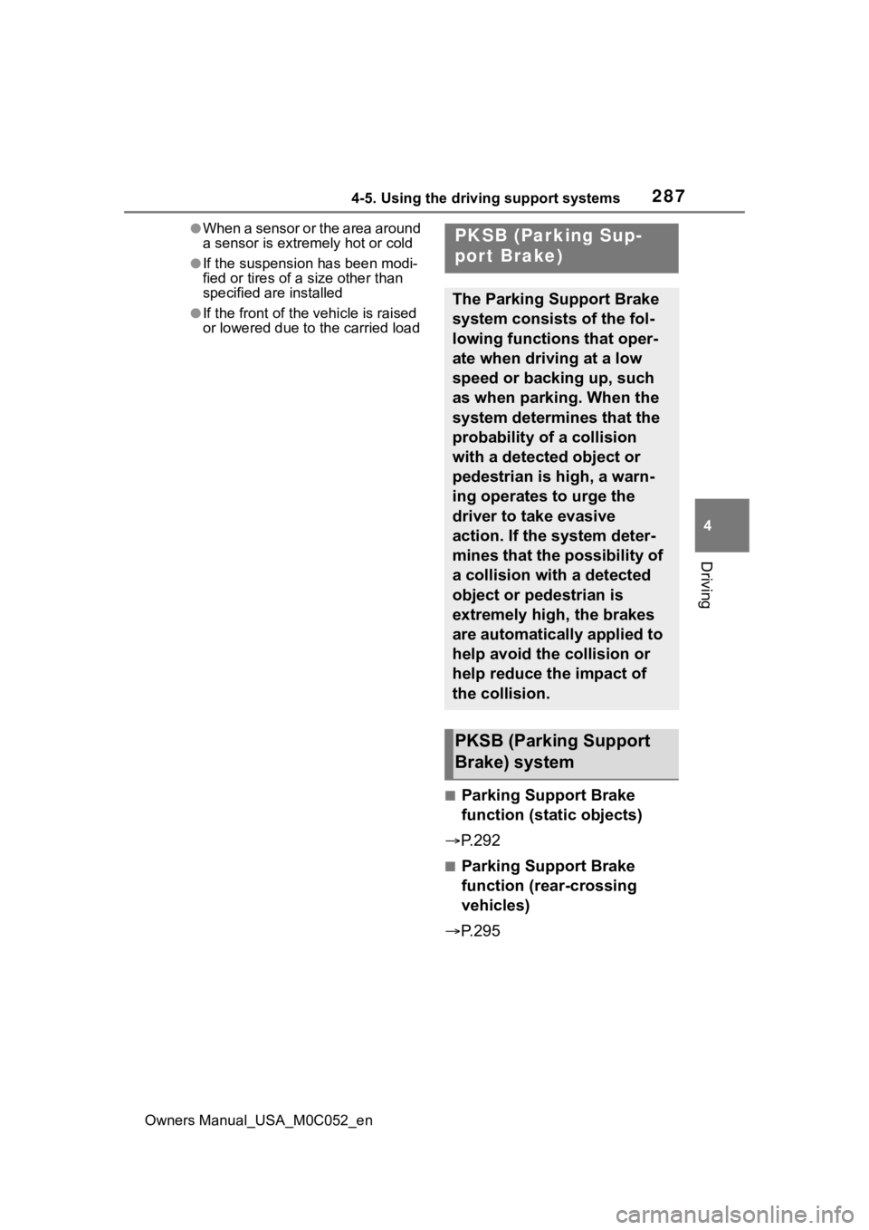 TOYOTA TUNDRA HYBRID 2023  Owners Manual 2874-5. Using the driving support systems
Owners Manual_USA_M0C052_en
4
Driving
●When a sensor or the area around 
a sensor is extremely hot or cold
●If the suspension has been modi-
fied or tires