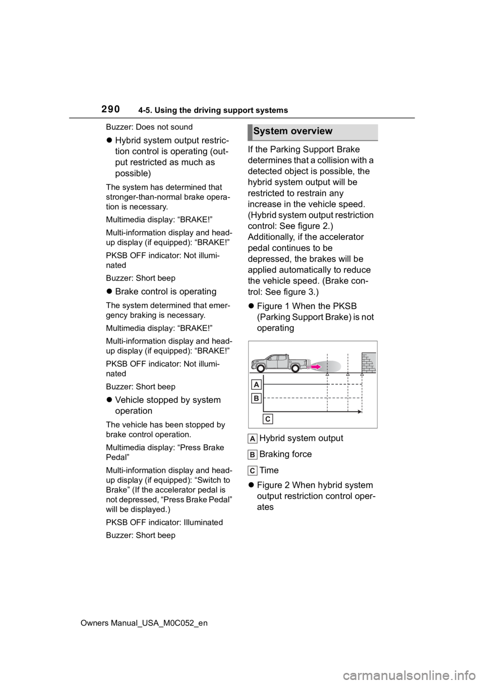 TOYOTA TUNDRA HYBRID 2023  Owners Manual 2904-5. Using the driving support systems
Owners Manual_USA_M0C052_enBuzzer: Does not sound

Hybrid system output restric-
tion control is operating (out-
put restricted as much as 
possible)
The s
