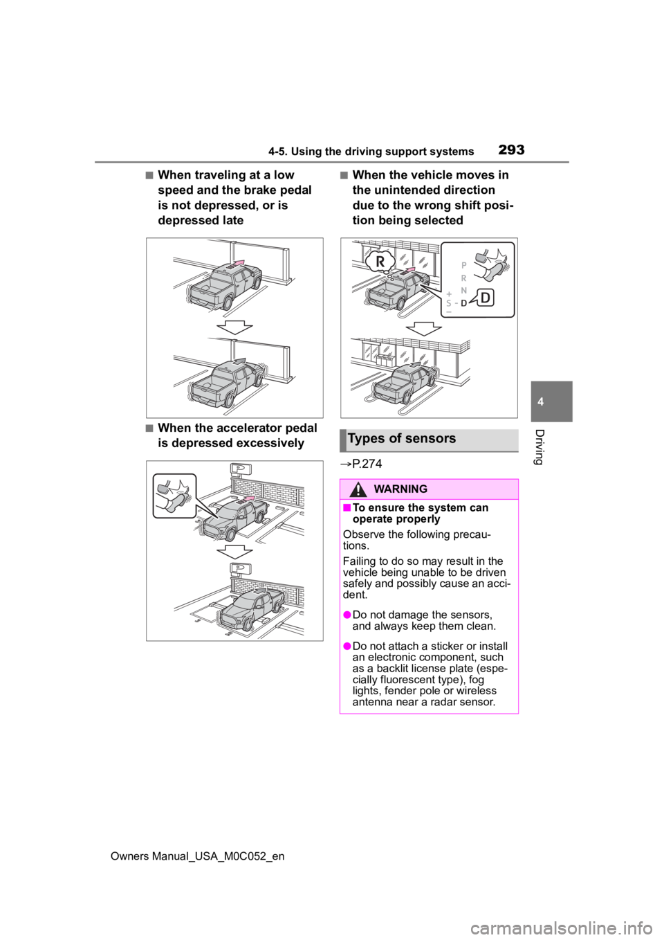 TOYOTA TUNDRA HYBRID 2023  Owners Manual 2934-5. Using the driving support systems
Owners Manual_USA_M0C052_en
4
Driving
■When traveling at a low 
speed and the brake pedal 
is not depressed, or is 
depressed late
■When the accelerator p