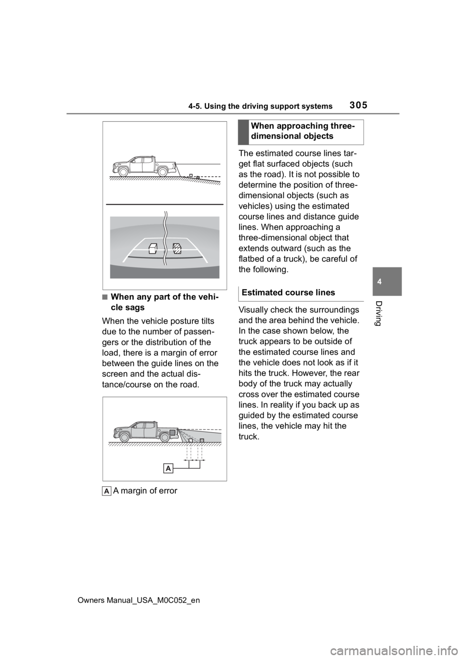 TOYOTA TUNDRA HYBRID 2023  Owners Manual 3054-5. Using the driving support systems
Owners Manual_USA_M0C052_en
4
Driving■When any part of the vehi-
cle sags
When the vehicle posture tilts 
due to the number of passen-
gers or the distribut