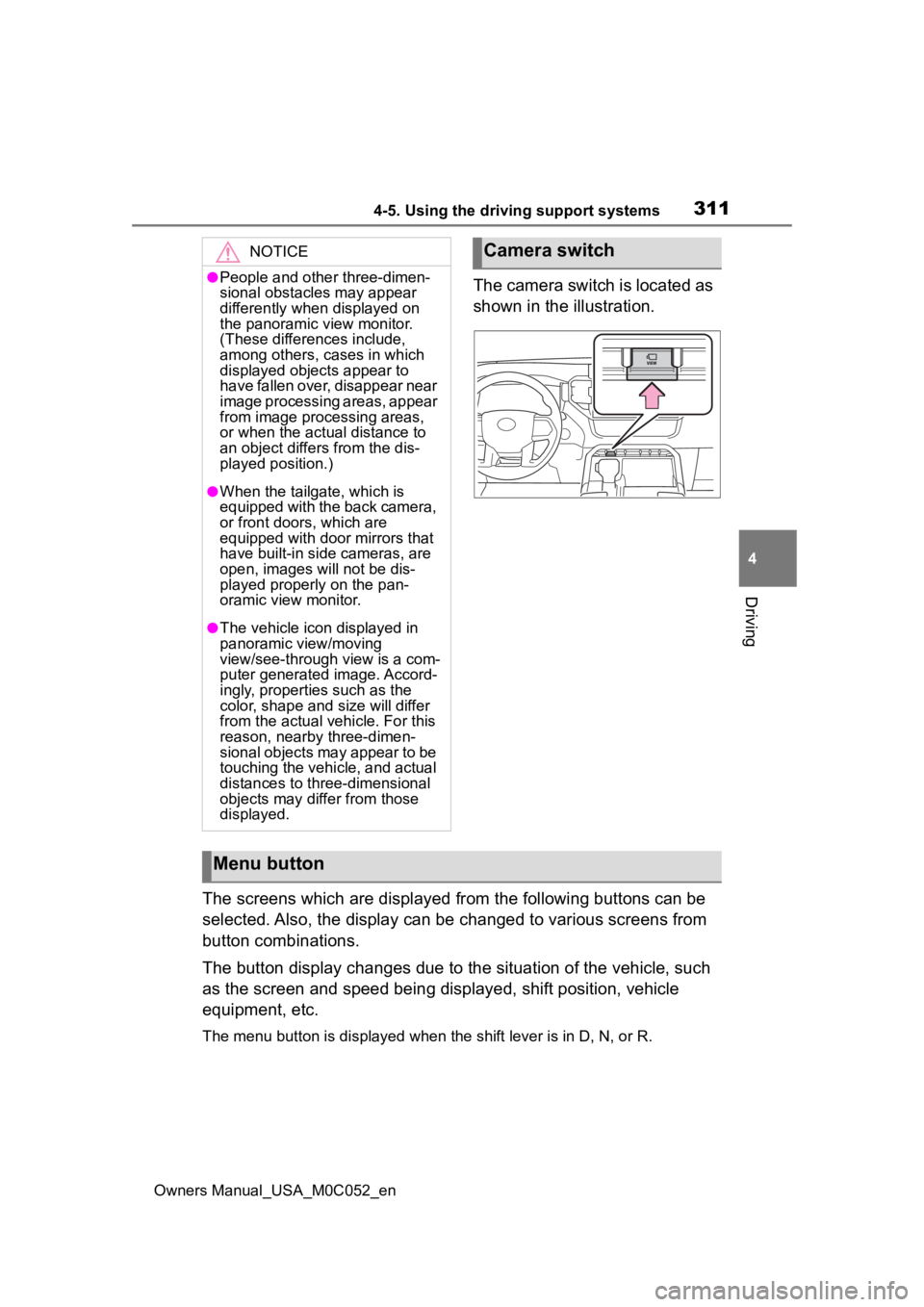 TOYOTA TUNDRA HYBRID 2023  Owners Manual 3114-5. Using the driving support systems
Owners Manual_USA_M0C052_en
4
Driving
The camera switch is located as 
shown in the illustration.
The screens which are displayed from the following buttons c