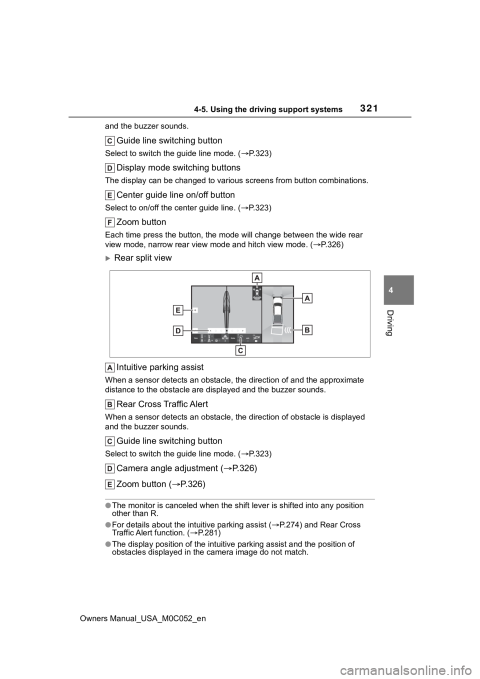 TOYOTA TUNDRA HYBRID 2023  Owners Manual 3214-5. Using the driving support systems
Owners Manual_USA_M0C052_en
4
Driving
and the buzzer sounds.
Guide line switching button
Select to switch the guide line mode. ( P.323)
Display mode switch
