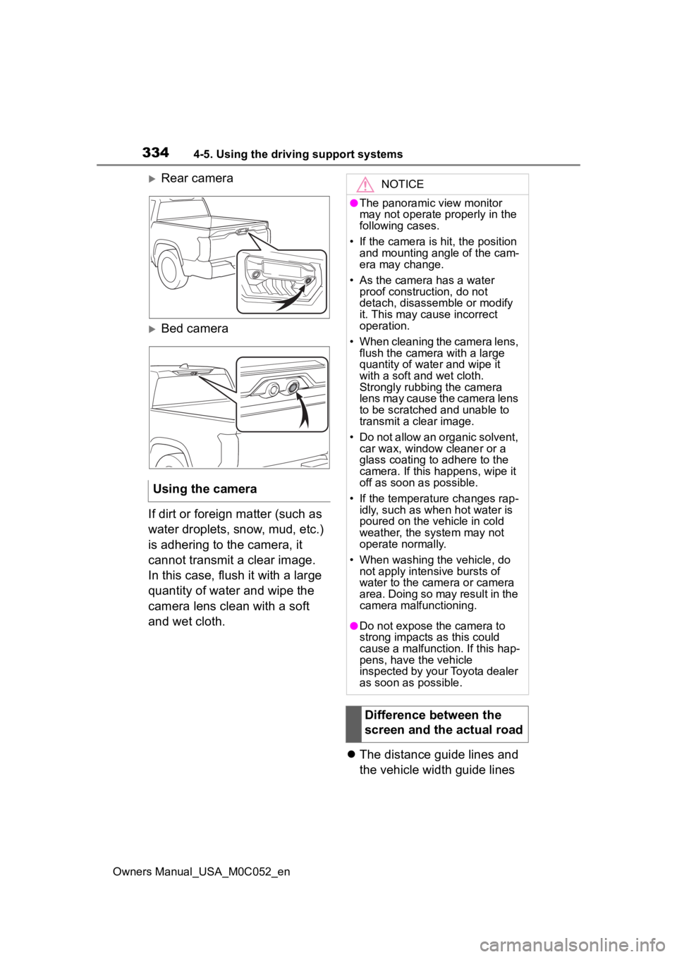 TOYOTA TUNDRA HYBRID 2023  Owners Manual 3344-5. Using the driving support systems
Owners Manual_USA_M0C052_en
Rear camera
Bed camera
If dirt or foreign matter (such as 
water droplets, snow, mud, etc.) 
is adhering to the camera, it 
