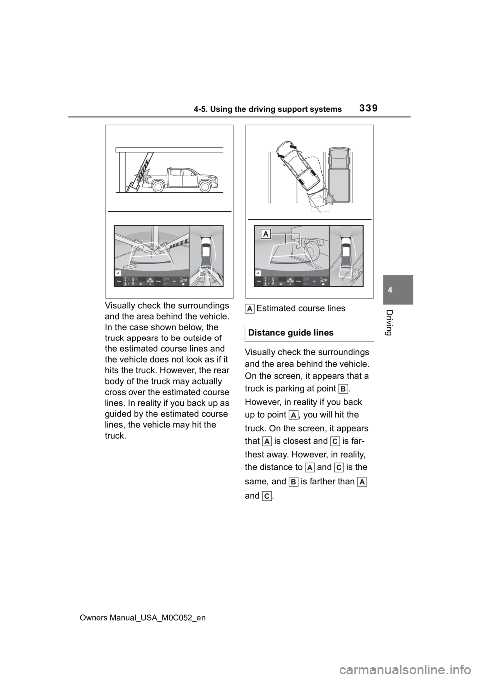 TOYOTA TUNDRA HYBRID 2023  Owners Manual 3394-5. Using the driving support systems
Owners Manual_USA_M0C052_en
4
DrivingVisually check the surroundings 
and the area behind the vehicle. 
In the case shown below, the 
truck appears to be outs