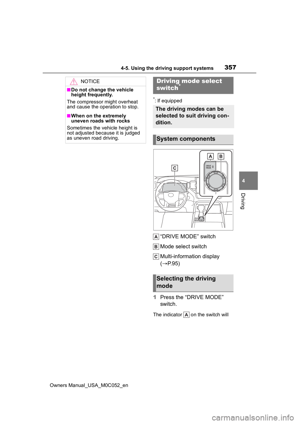 TOYOTA TUNDRA HYBRID 2023  Owners Manual 3574-5. Using the driving support systems
Owners Manual_USA_M0C052_en
4
Driving
*: If equipped
“DRIVE MODE” switch
Mode select switch
Multi-information display 
( P.95)
1 Press the “DRIVE MOD
