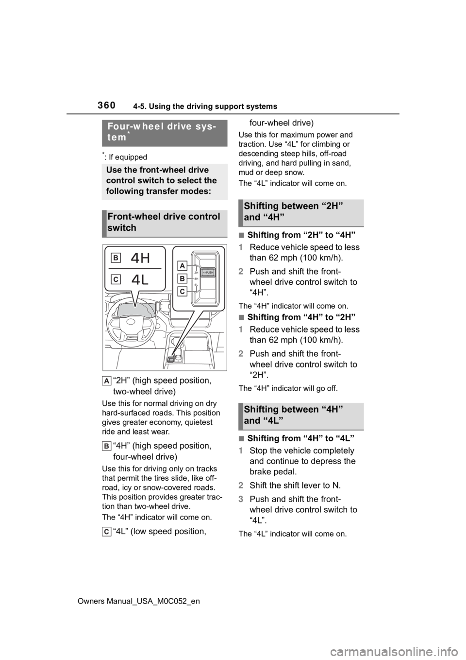 TOYOTA TUNDRA HYBRID 2023  Owners Manual 3604-5. Using the driving support systems
Owners Manual_USA_M0C052_en
*: If equipped
“2H” (high speed position, 
two-wheel drive)
Use this for normal driving on dry 
hard-surfaced roads. This posi