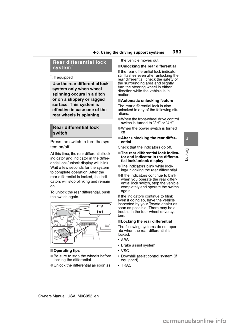 TOYOTA TUNDRA HYBRID 2023  Owners Manual 3634-5. Using the driving support systems
Owners Manual_USA_M0C052_en
4
Driving
*: If equipped
Press the switch to turn the sys-
tem on/off.
At this time, the rear differential lock 
indicator and ind
