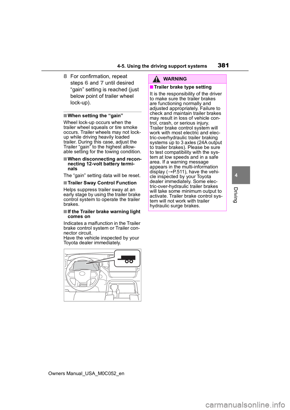 TOYOTA TUNDRA HYBRID 2023  Owners Manual 3814-5. Using the driving support systems
Owners Manual_USA_M0C052_en
4
Driving
8 For confirmation, repeat 
steps  6 and 7 until desired 
“gain” setting is reached (just 
below point of trailer wh
