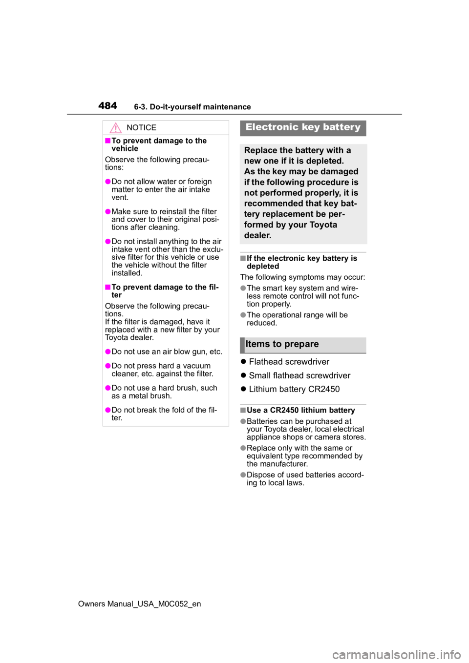 TOYOTA TUNDRA HYBRID 2023 Owners Manual 4846-3. Do-it-yourself maintenance
Owners Manual_USA_M0C052_en
■If the electronic key battery is
depleted
The following symptoms may occur:
●The smart key system and wire-
less remote control wil TOYOTA TUNDRA HYBRID 2023 Owners Manual 4846-3. Do-it-yourself maintenance
Owners Manual_USA_M0C052_en
■If the electronic key battery is
depleted
The following symptoms may occur:
●The smart key system and wire-
less remote control wil