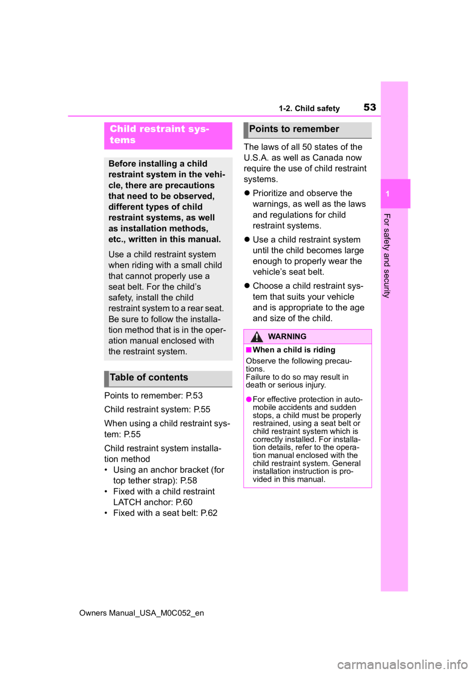 TOYOTA TUNDRA HYBRID 2023  Owners Manual 531-2. Child safety
Owners Manual_USA_M0C052_en
1
For safety and security
Points to remember: P.53
Child restraint system: P.55
When using a child restraint sys-
tem: P.55
Child restraint system insta
