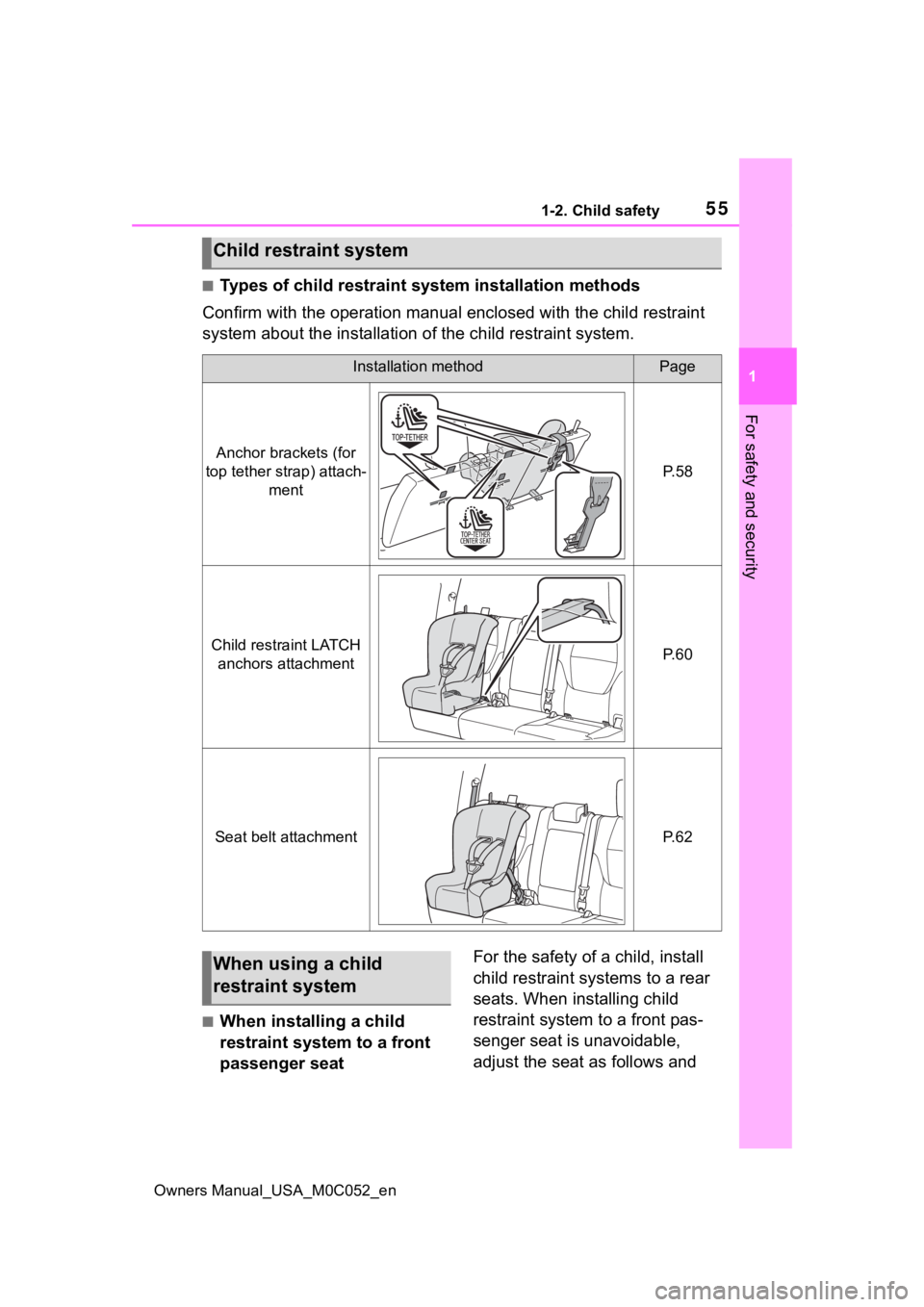 TOYOTA TUNDRA HYBRID 2023  Owners Manual 551-2. Child safety
Owners Manual_USA_M0C052_en
1
For safety and security
■Types of child restraint system installation methods
Confirm with the operation manual enclosed with the child restr aint 
