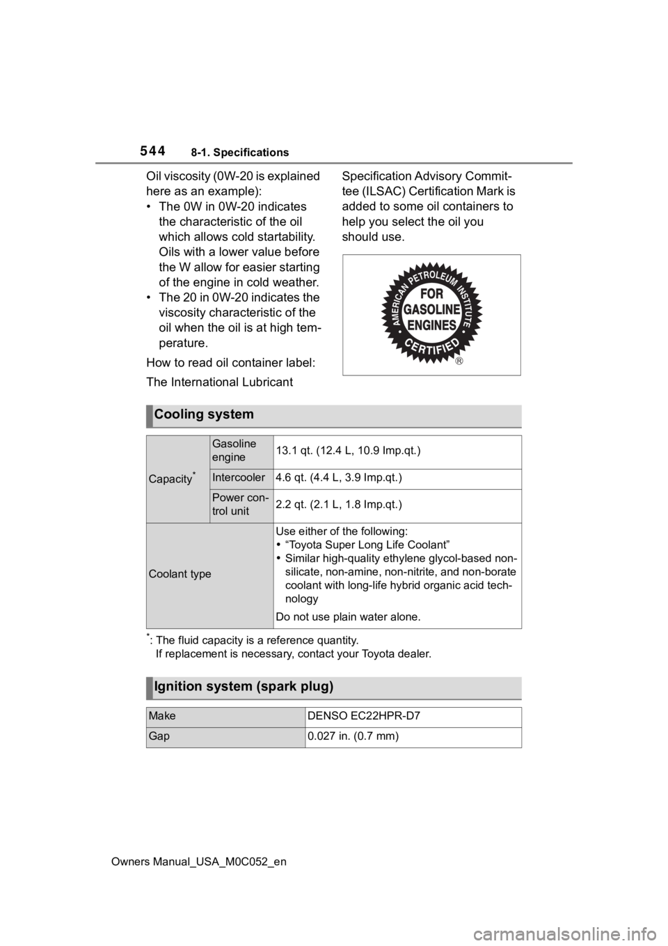 TOYOTA TUNDRA HYBRID 2023  Owners Manual 5448-1. Specifications
Owners Manual_USA_M0C052_en
Oil viscosity (0W-20 is explained 
here as an example):
• The 0W in 0W-20 indicates the characteristic of the oil 
which allows cold startability. 
