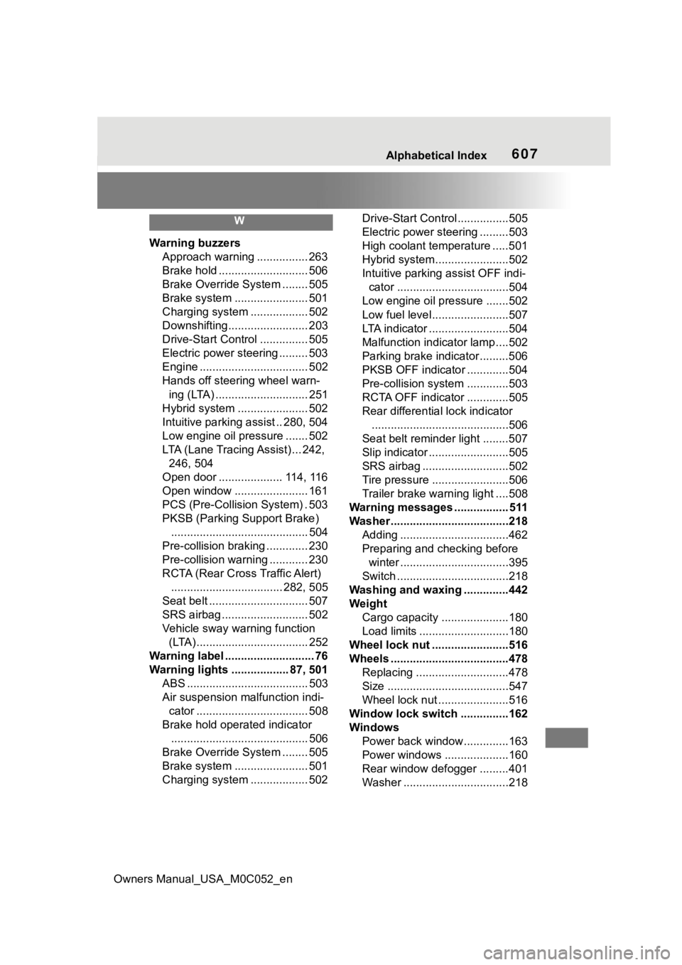 TOYOTA TUNDRA HYBRID 2023  Owners Manual Owners Manual_USA_M0C052_en
Alphabetical Index607
W
Warning buzzersApproach warning ................ 263
Brake hold ............................ 506
Brake Override System ........ 505
Brake system ...