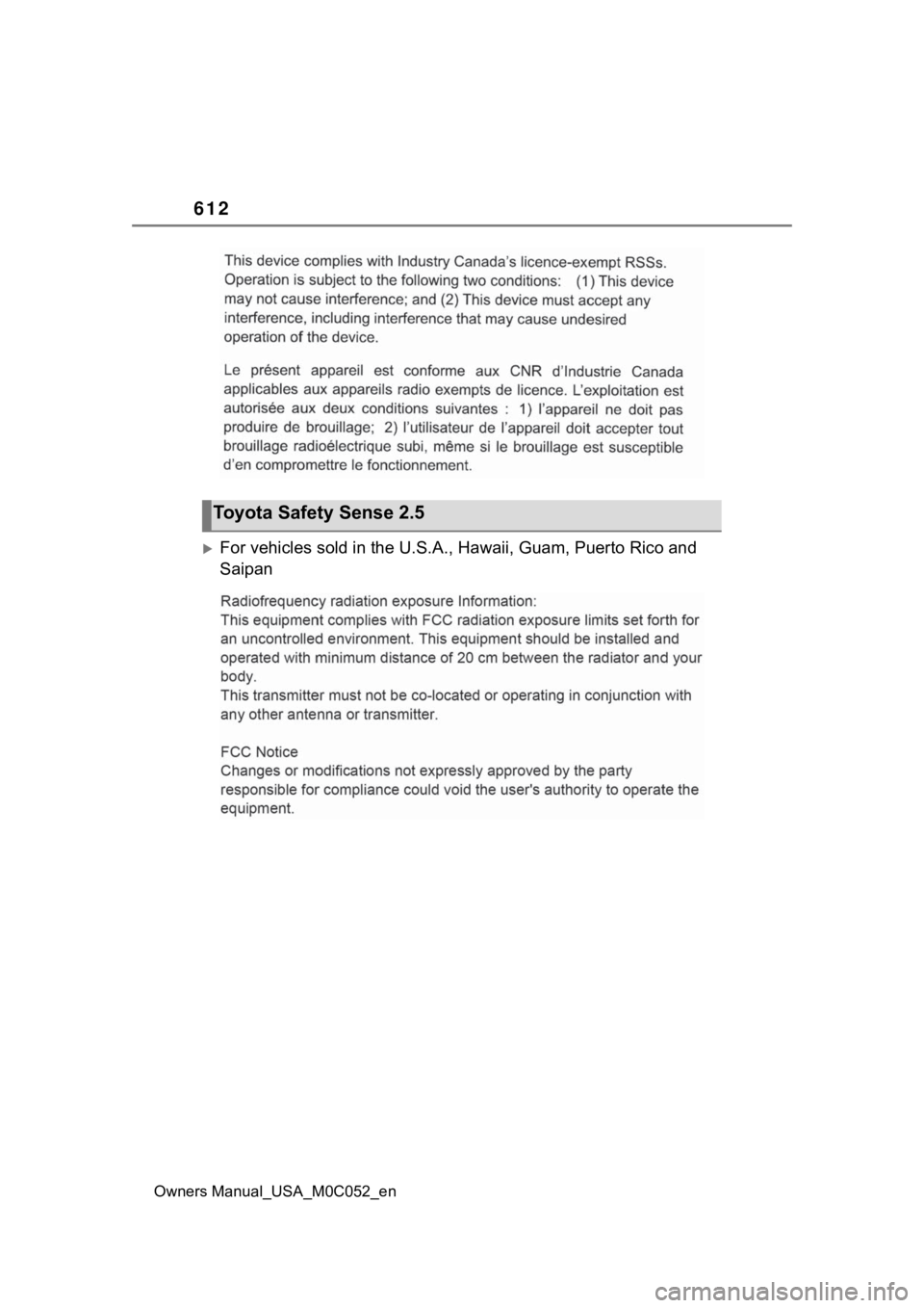 TOYOTA TUNDRA HYBRID 2023  Owners Manual 612
Owners Manual_USA_M0C052_en
For vehicles sold in the U.S.A., Hawaii, Guam, Puerto Rico and 
Saipan
Toyota Safety Sense 2.5 