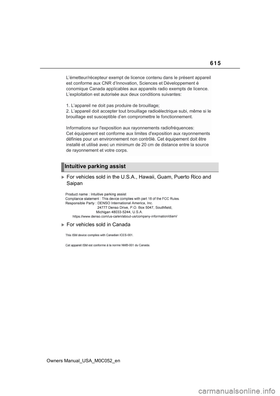 TOYOTA TUNDRA HYBRID 2023  Owners Manual 615
Owners Manual_USA_M0C052_en
For vehicles sold in the U.S.A., Hawaii, Guam, Puerto Rico and 
Saipan
For vehicles sold in Canada
Intuitive parking assist 