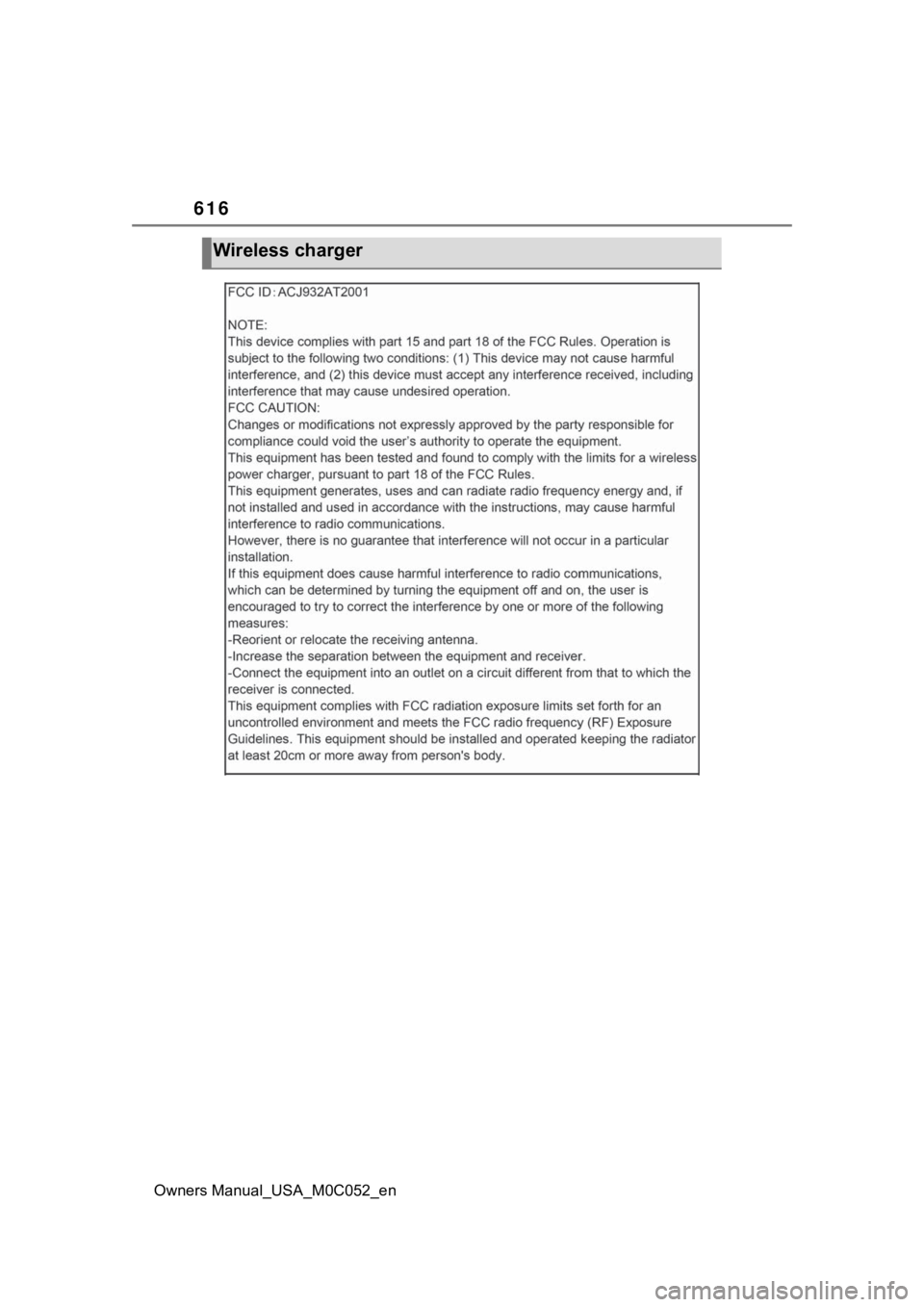 TOYOTA TUNDRA HYBRID 2023  Owners Manual 616
Owners Manual_USA_M0C052_en
Wireless charger 