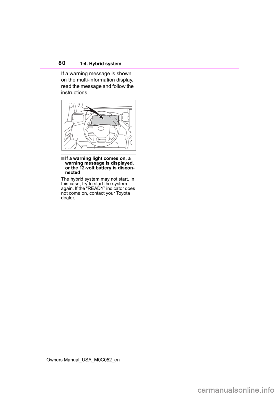 TOYOTA TUNDRA HYBRID 2023  Owners Manual 801-4. Hybrid system
Owners Manual_USA_M0C052_en
If a warning message is shown 
on the multi-information display, 
read the message and follow the 
instructions.
■If a warning light comes on, a 
war