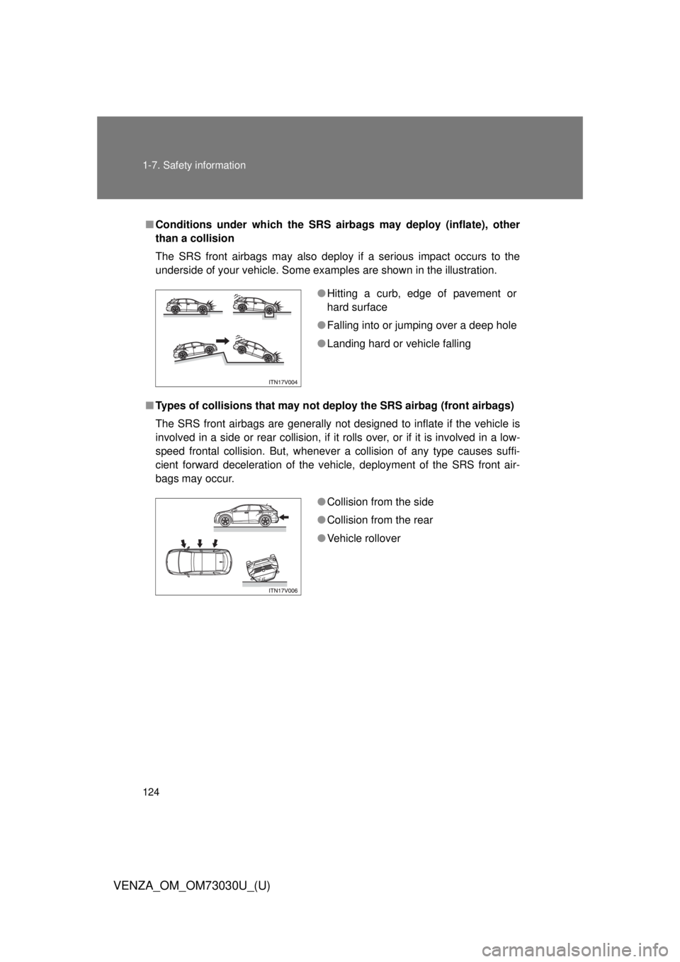 TOYOTA VENZA 2016  Owners Manual 1241-7. Safety information
VENZA_OM_OM73030U_(U) ■ Conditions under which the SRS airbags may deploy (inflate), other
than a collision
The SRS front airbags may also deploy if a serious impact occur