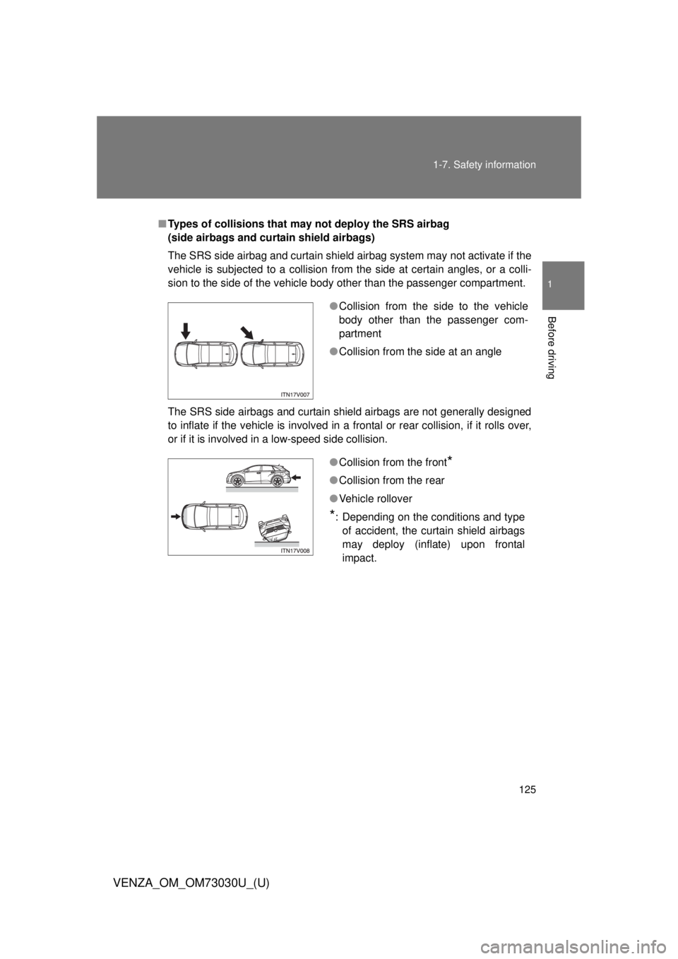 TOYOTA VENZA 2016  Owners Manual 1251-7. Safety information
1
Before driving
VENZA_OM_OM73030U_(U) ■ Types of collisions that may  not deploy the SRS airbag 
(side airbags and curtain shield airbags)
The SRS side airbag and curtain