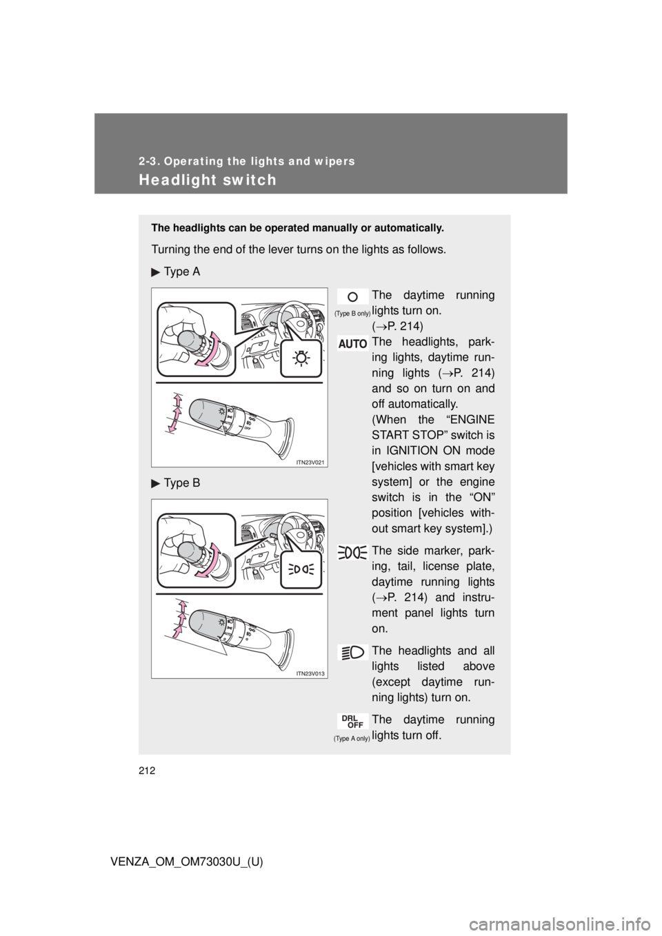 TOYOTA VENZA 2016  Owners Manual 212
VENZA_OM_OM73030U_(U) 2-3. Operating the lights and wipers
Headlight switch The headlights can be operated  manually or automatically. 
Turning the end of the lever turns on the lights as follows.
