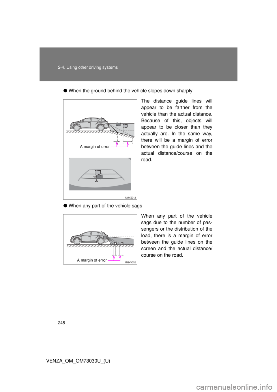 TOYOTA VENZA 2016  Owners Manual 2482-4. Using other driving systems
VENZA_OM_OM73030U_(U) ● When the ground behind the vehicle slopes down sharply
The distance guide lines will
appear to be farther from the
vehicle than the actual