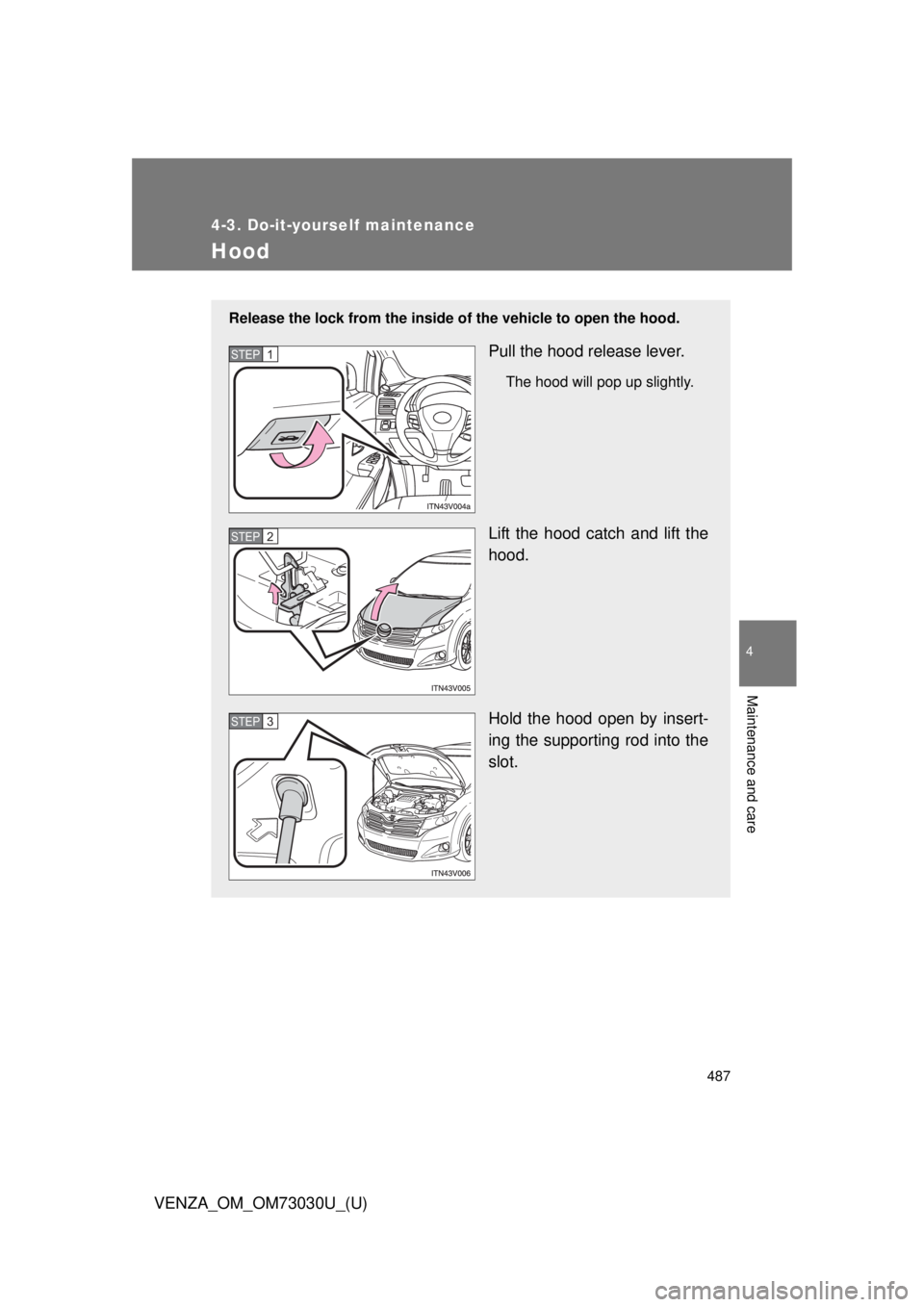 TOYOTA VENZA 2016  Owners Manual 4874-3. Do-it-yourself maintenance
4
Maintenance and care
VENZA_OM_OM73030U_(U) Hood Release the lock from the inside of  the vehicle to open the hood.
Pull the hood release lever. The hood will pop u