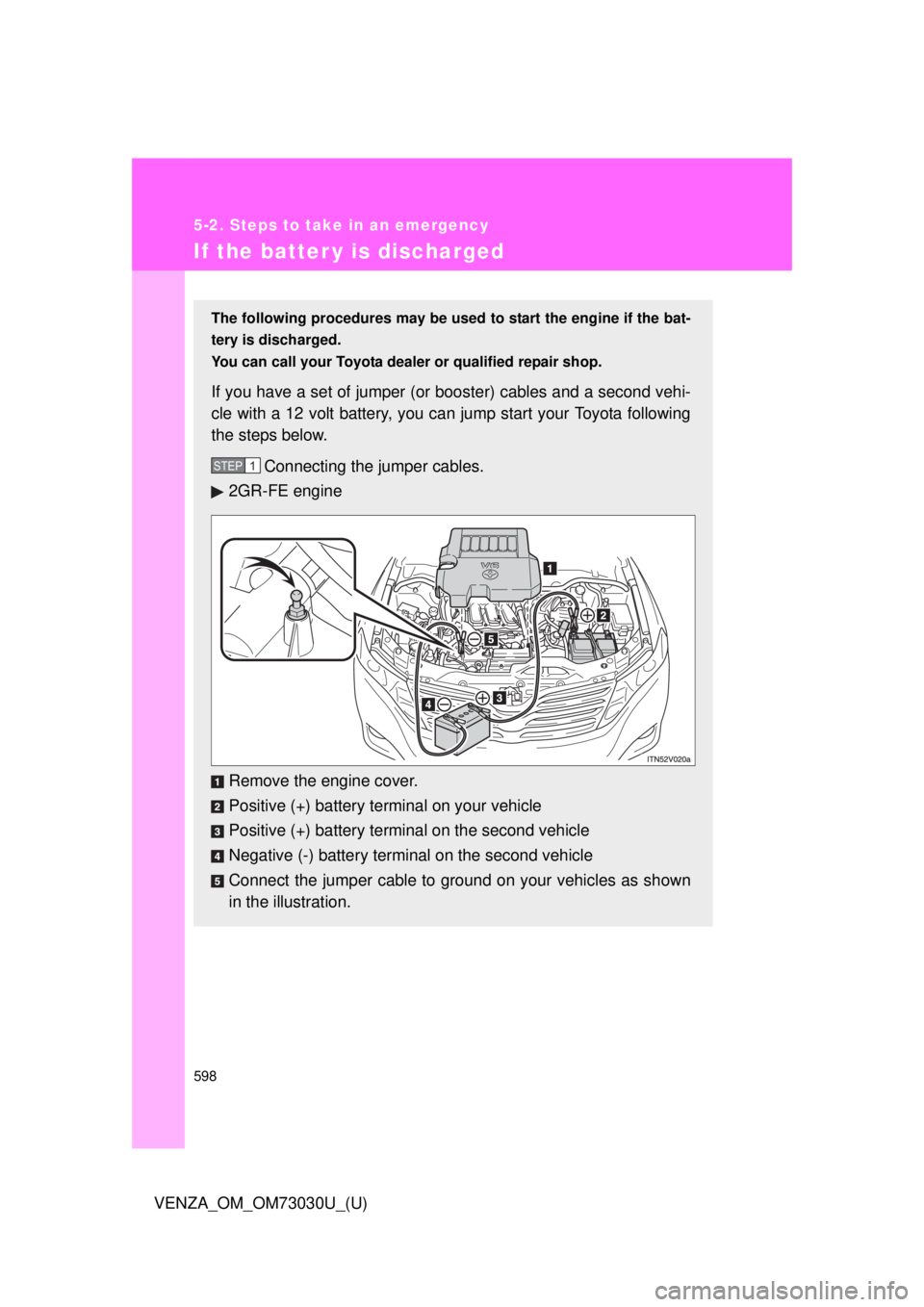 TOYOTA VENZA 2016  Owners Manual 5985-2. Steps to take in an emergency
VENZA_OM_OM73030U_(U)If the batter y is discharged The following procedures may be used  to start the engine if the bat-
tery is discharged.
You can call your Toy