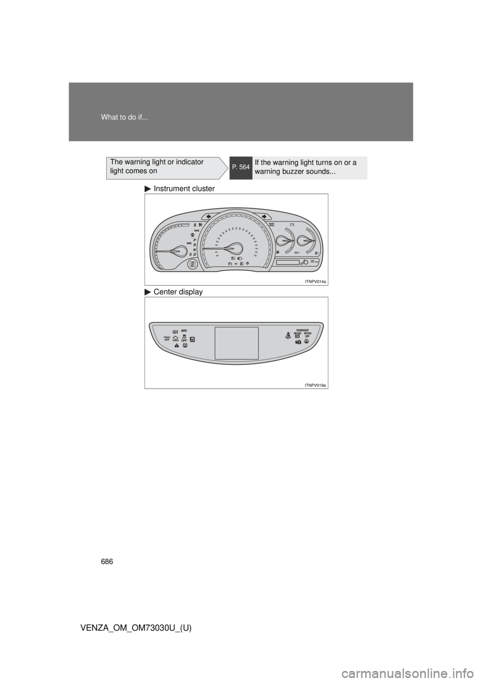 TOYOTA VENZA 2016  Owners Manual 686What to do if...
VENZA_OM_OM73030U_(U) The warning light or indicator 
light comes on P. 564
If the warning light turns on or a 
warning buzzer sounds...
Instrument cluster
Center display 