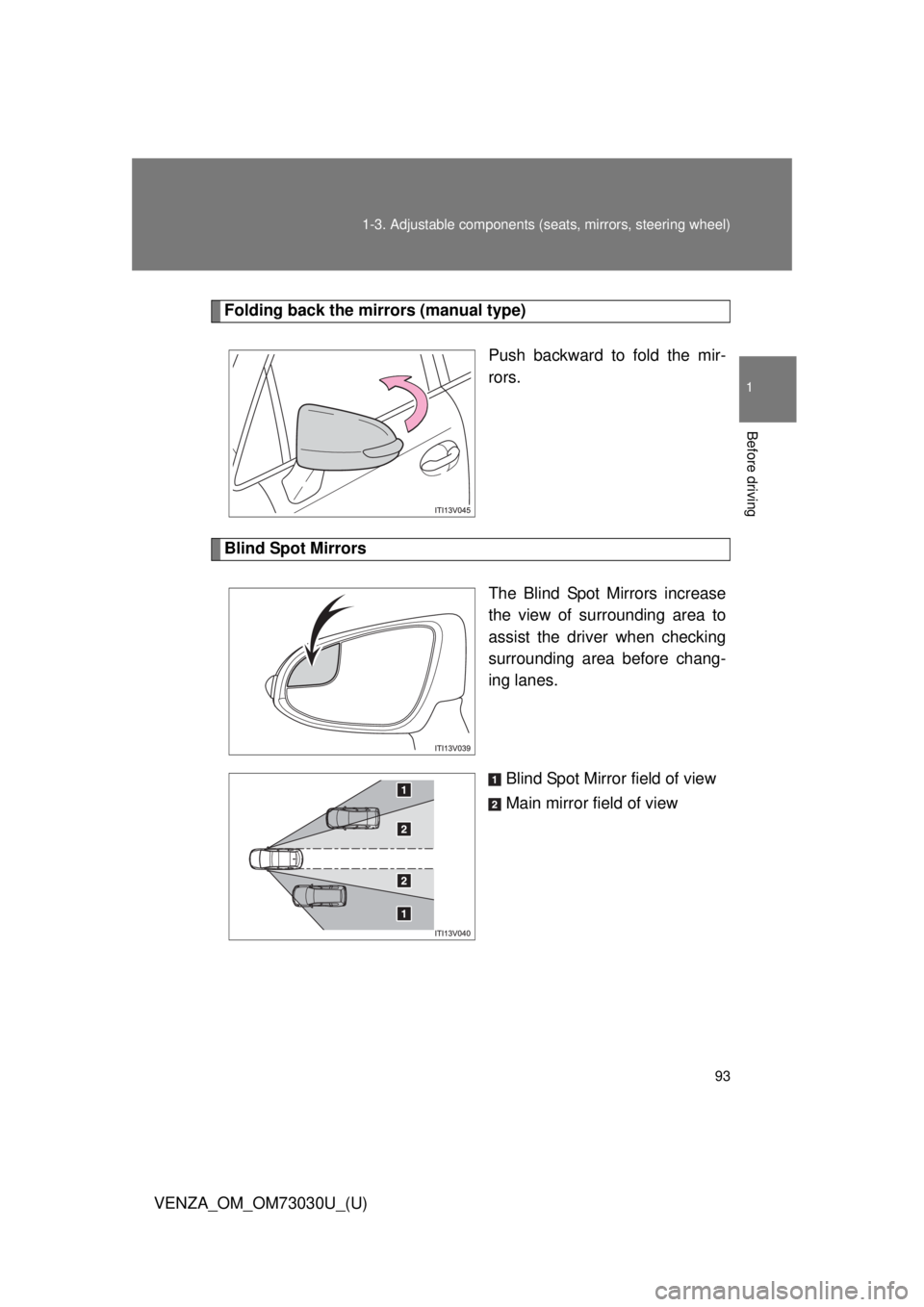 TOYOTA VENZA 2016  Owners Manual 931-3. Adjustable components (s eats, mirrors, steering wheel)
1
Before driving
VENZA_OM_OM73030U_(U) Folding back the mirrors (manual type)
Push backward to fold the mir-
rors.
Blind Spot Mirrors
The