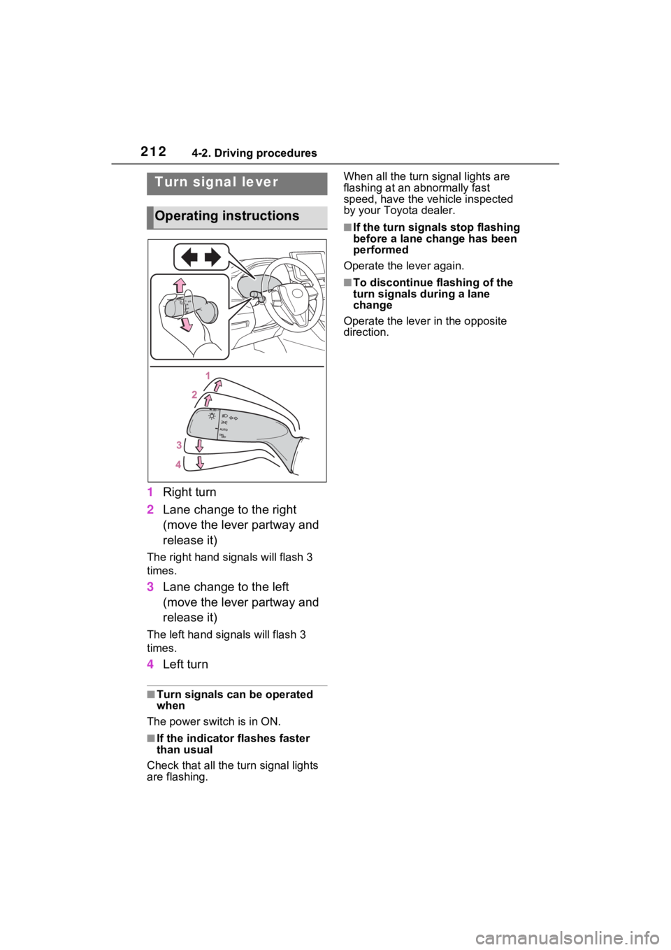 TOYOTA VENZA HYBRID 2023  Owners Manual 2124-2. Driving procedures
1Right turn
2 Lane change to the right 
(move the lever partway and 
release it)
The right hand signals will flash 3 
times.
3Lane change to the left 
(move the lever partwa