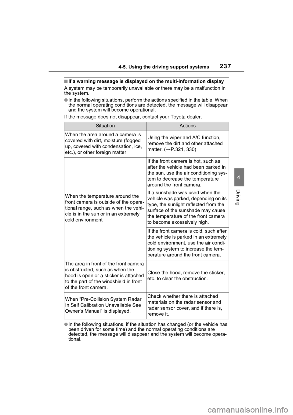 TOYOTA VENZA HYBRID 2023 Owners Manual 2374-5. Using the driving support systems
4
Driving
■If a warning message is displayed on the multi-information display
A system may be temporarily unava ilable or there may be a malfunction in
the TOYOTA VENZA HYBRID 2023 Owners Manual 2374-5. Using the driving support systems
4
Driving
■If a warning message is displayed on the multi-information display
A system may be temporarily unava ilable or there may be a malfunction in
the