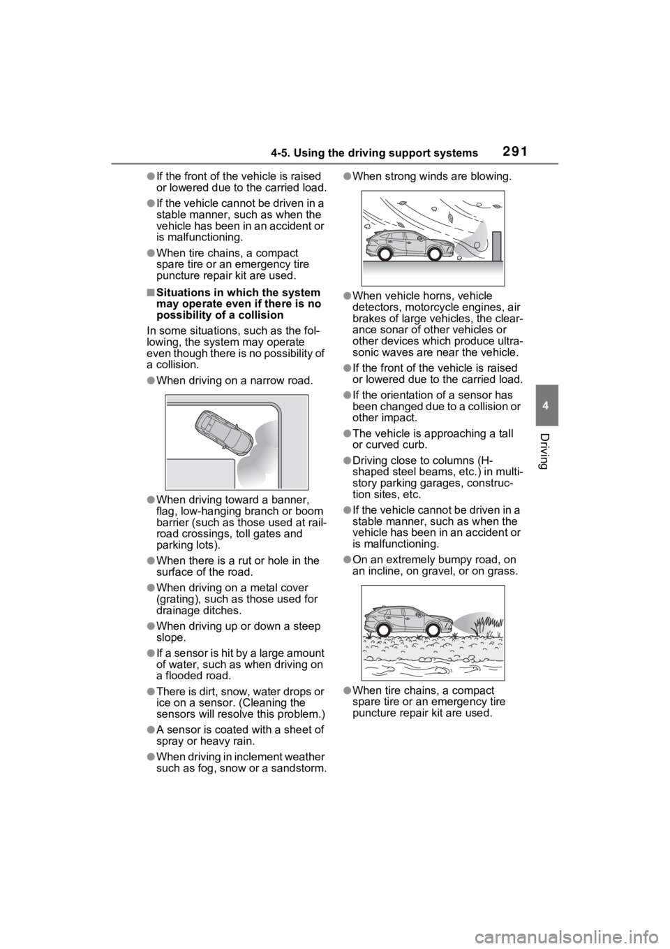 TOYOTA VENZA HYBRID 2023 Owners Manual 2914-5. Using the driving support systems
4
Driving
●If the front of the vehicle is raised
or lowered due to the carried load.
●If the vehicle cannot be driven in a
stable manner, such as when t TOYOTA VENZA HYBRID 2023 Owners Manual 2914-5. Using the driving support systems
4
Driving
●If the front of the vehicle is raised
or lowered due to the carried load.
●If the vehicle cannot be driven in a
stable manner, such as when t