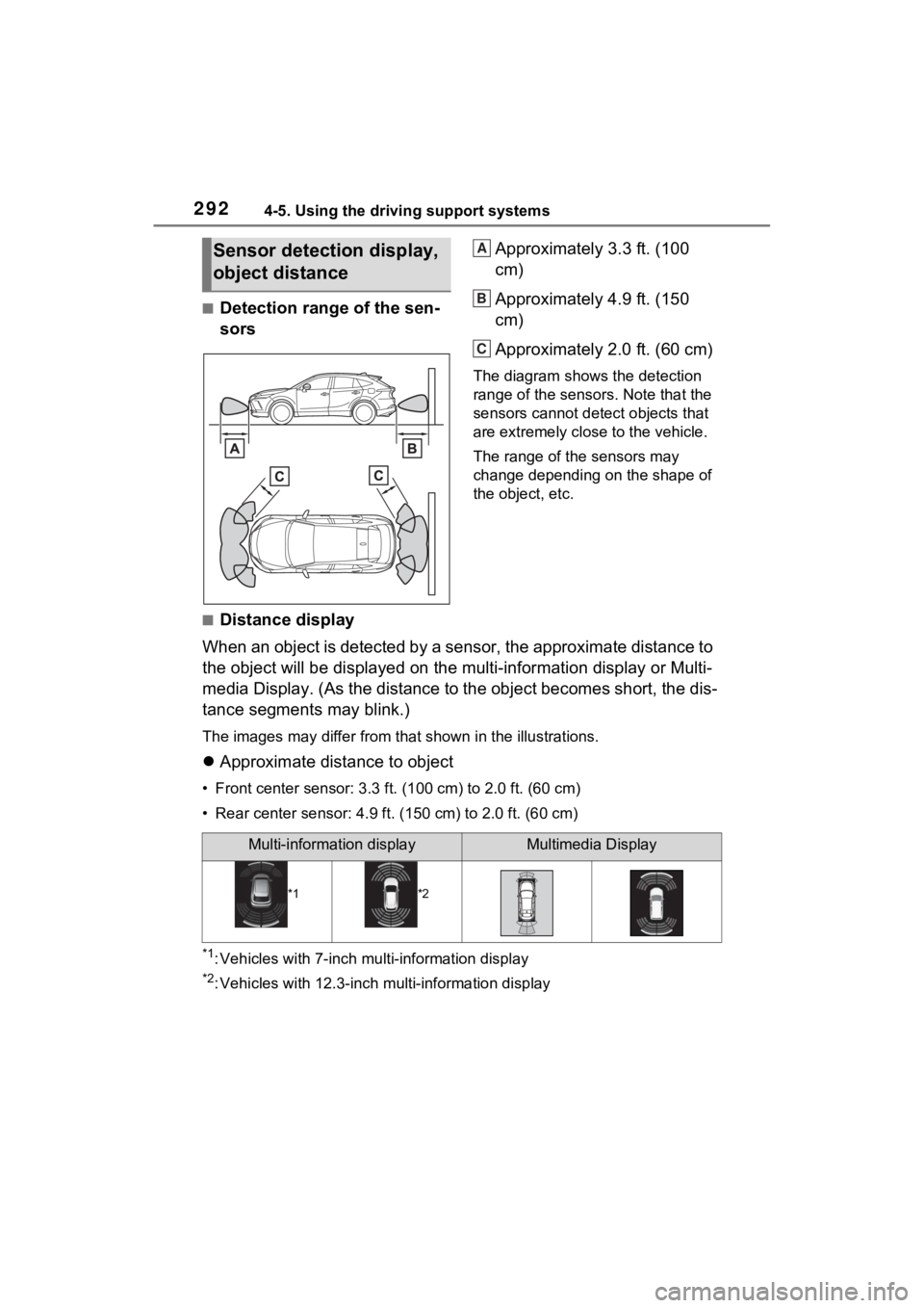 TOYOTA VENZA HYBRID 2023 Owners Manual 2924-5. Using the driving support systems
■Detection range of the sen-
sorsApproximately 3.3 ft. (100
cm)
Approximately 4.9 ft. (150
cm)
Approximately 2.0 ft. (60 cm)
The diagram shows the detecti TOYOTA VENZA HYBRID 2023 Owners Manual 2924-5. Using the driving support systems
■Detection range of the sen-
sorsApproximately 3.3 ft. (100
cm)
Approximately 4.9 ft. (150
cm)
Approximately 2.0 ft. (60 cm)
The diagram shows the detecti