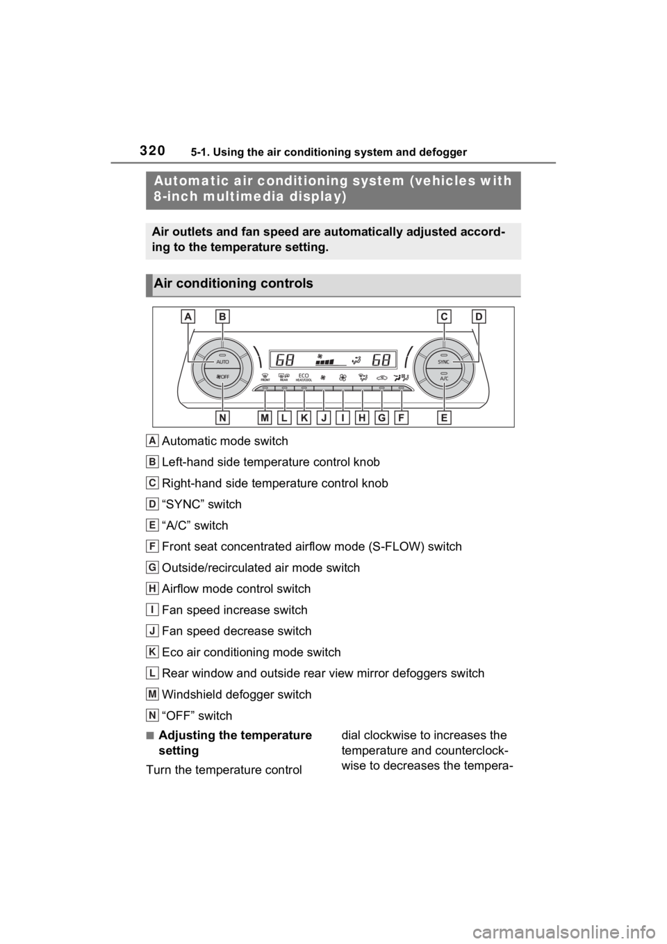 TOYOTA VENZA HYBRID 2023  Owners Manual 3205-1. Using the air conditioning system and defogger
5-1.Using the air conditioning system and defogger
Automatic mode switch
Left-hand side temperature control knob
Right-hand side temperature cont