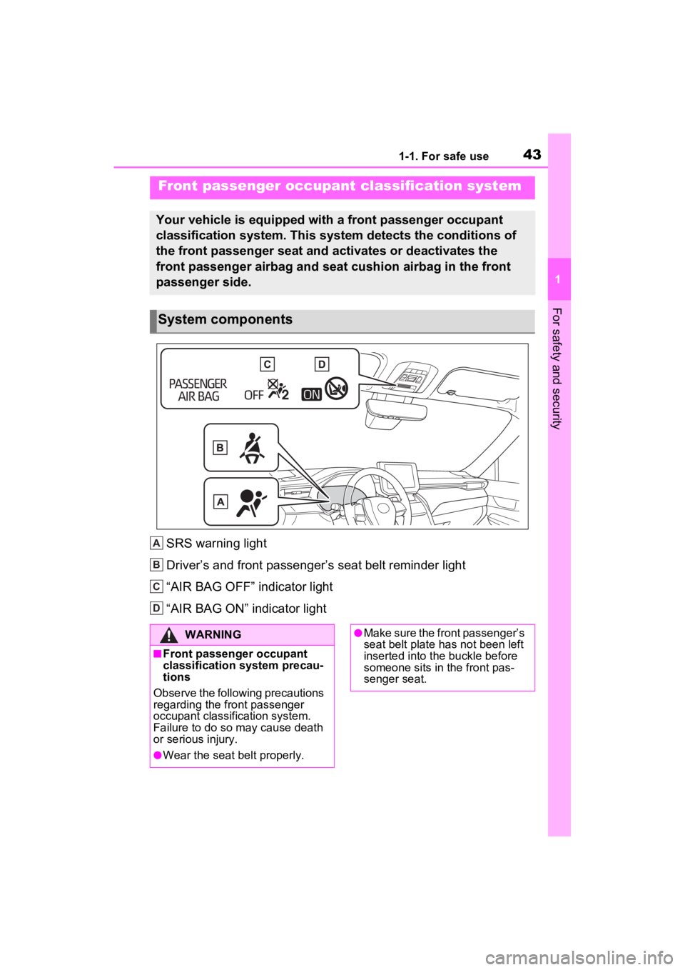 TOYOTA VENZA HYBRID 2023  Owners Manual 431-1. For safe use
1
For safety and security
SRS warning light
Driver’s and front passenger’s seat belt reminder light
“AIR BAG OFF” indicator light
“AIR BAG ON” indicator light
Front pas