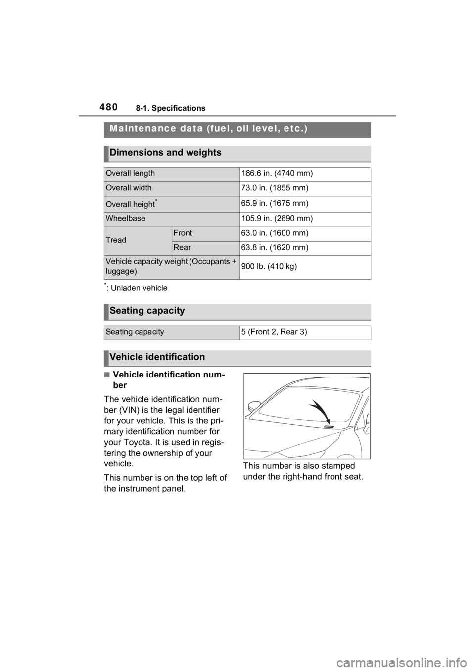 TOYOTA VENZA HYBRID 2023  Owners Manual 4808-1. Specifications
8-1.Specifications
*: Unladen vehicle
■Vehicle identification num-
ber
The vehicle identification num-
ber (VIN) is the legal identifier 
for your vehicle. This is the pri-
ma