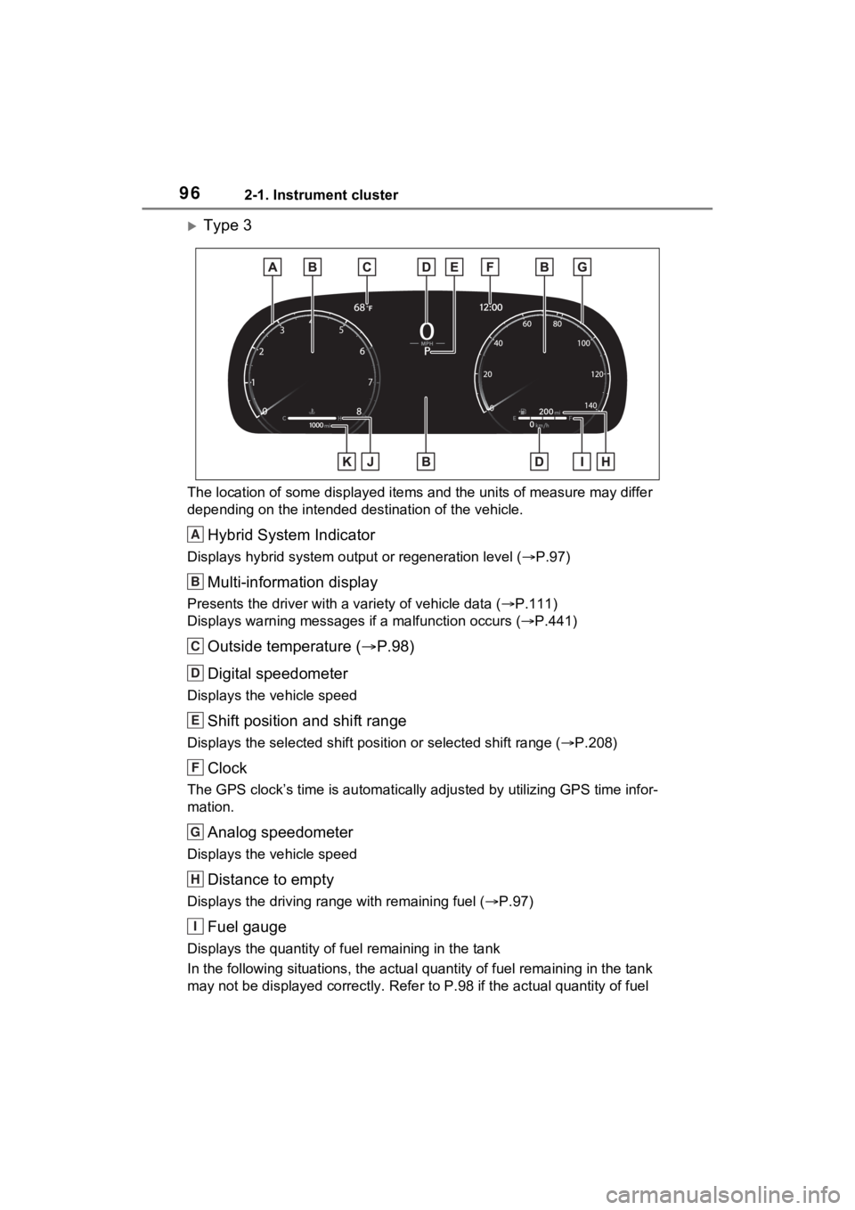 TOYOTA VENZA HYBRID 2023 Owners Manual 962-1. Instrument cluster
Type 3
The location of some displayed items and the units of measure may differ
depending on the intended des tination of the vehicle.
Hybrid System Indicator
Displays hy TOYOTA VENZA HYBRID 2023 Owners Manual 962-1. Instrument cluster
Type 3
The location of some displayed items and the units of measure may differ
depending on the intended des tination of the vehicle.
Hybrid System Indicator
Displays hy