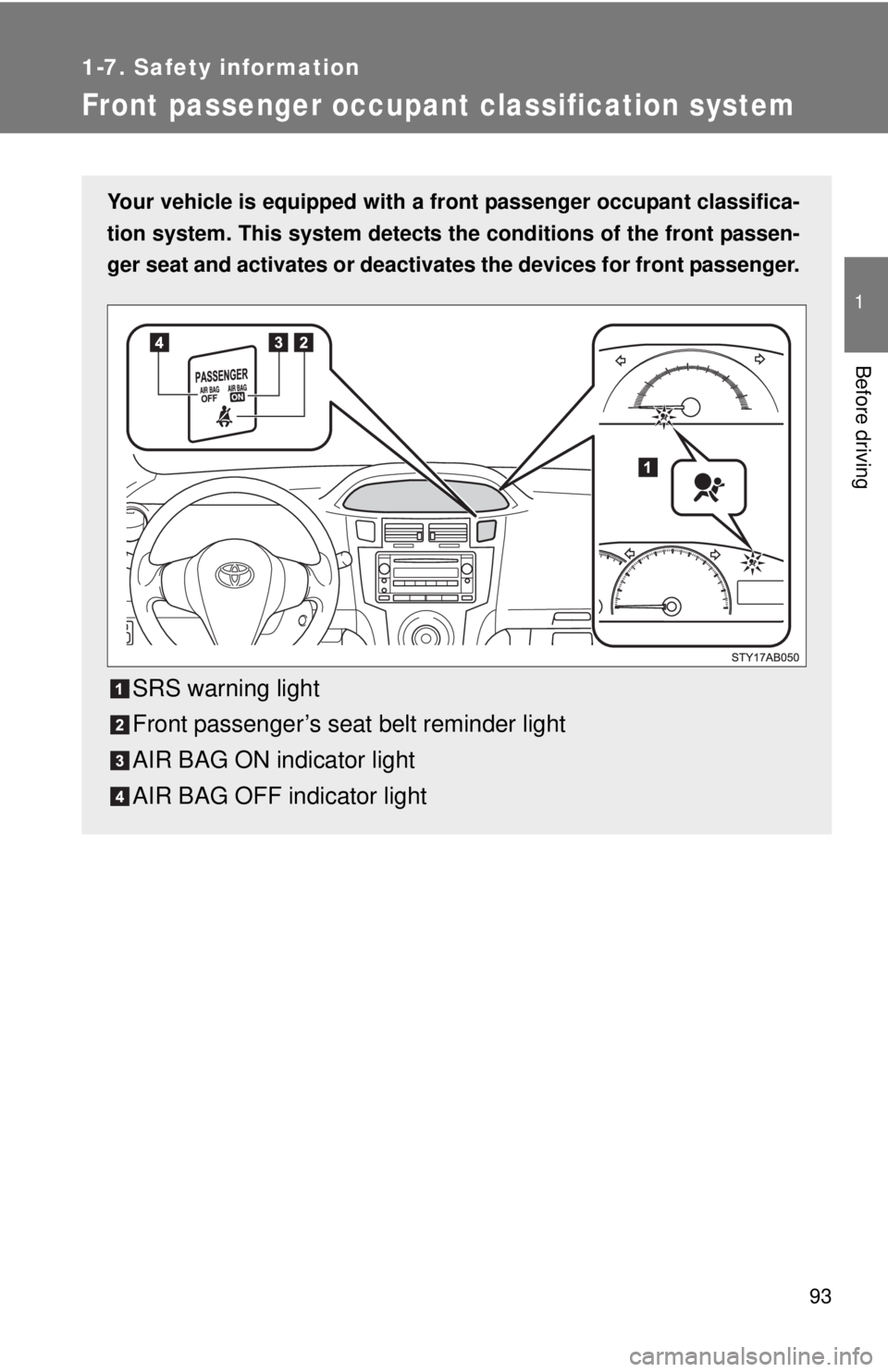 TOYOTA YARIS HATCHBACK 2009  Owners Manual 93
1
1-7. Safety information
Before driving
Front passenger occupant classification system
Your vehicle is equipped with a front passenger occupant classifica-
tion system. This system detects th e co