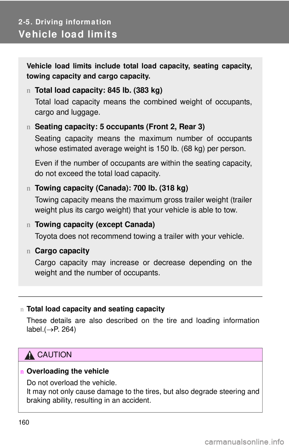 TOYOTA YARIS HATCHBACK 2009  Owners Manual 160
2-5. Driving information
Vehicle load limits
nTotal load capacity and seating capacity
These details are also described on the tire and loading information 
label.(→P.  2 6 4
)
CAUTION
nOverload