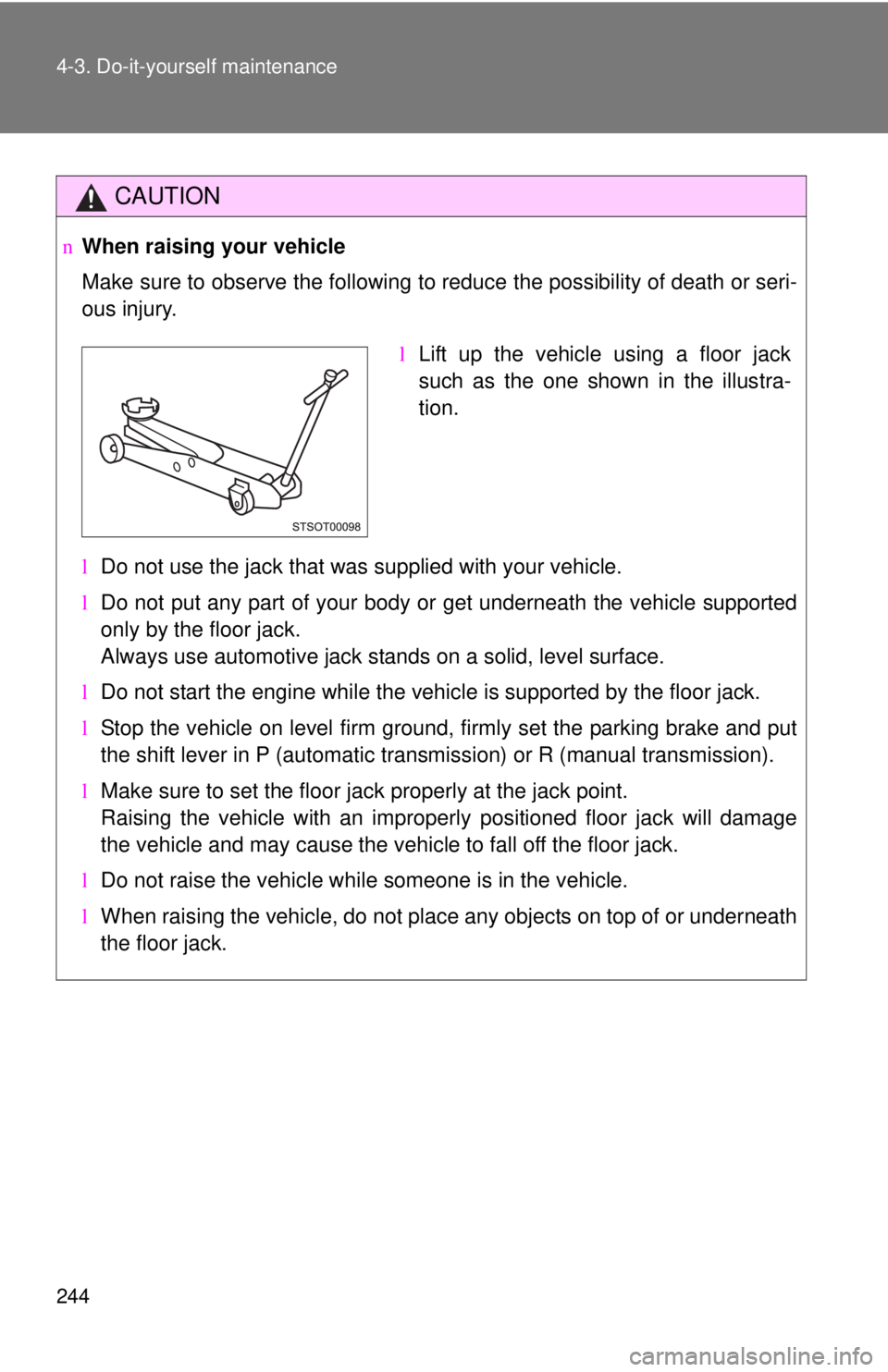 TOYOTA YARIS HATCHBACK 2009  Owners Manual 244 4-3. Do-it-yourself maintenance
CAUTION
nWhen raising your vehicle
Make sure to observe the following to reduce the possibility of death or\
 seri-
ous injury.
lDo not use the jack that was suppli