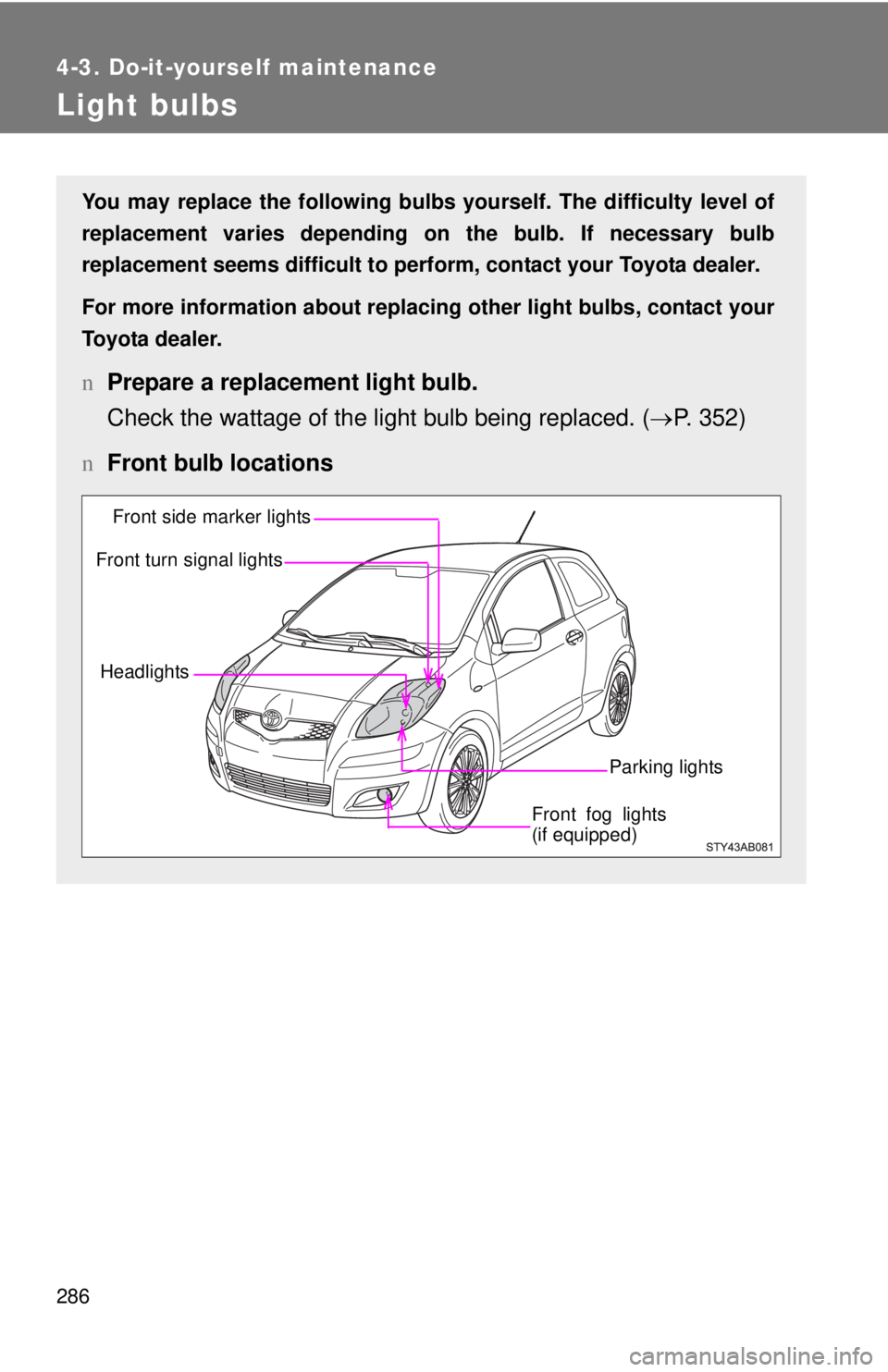 TOYOTA YARIS HATCHBACK 2009  Owners Manual 286
4-3. Do-it-yourself maintenance
Light bulbs
You may replace the following bulbs yourself. The difficulty level of 
replacement varies depending on the bulb. If necessary bulb 
replacement seems di